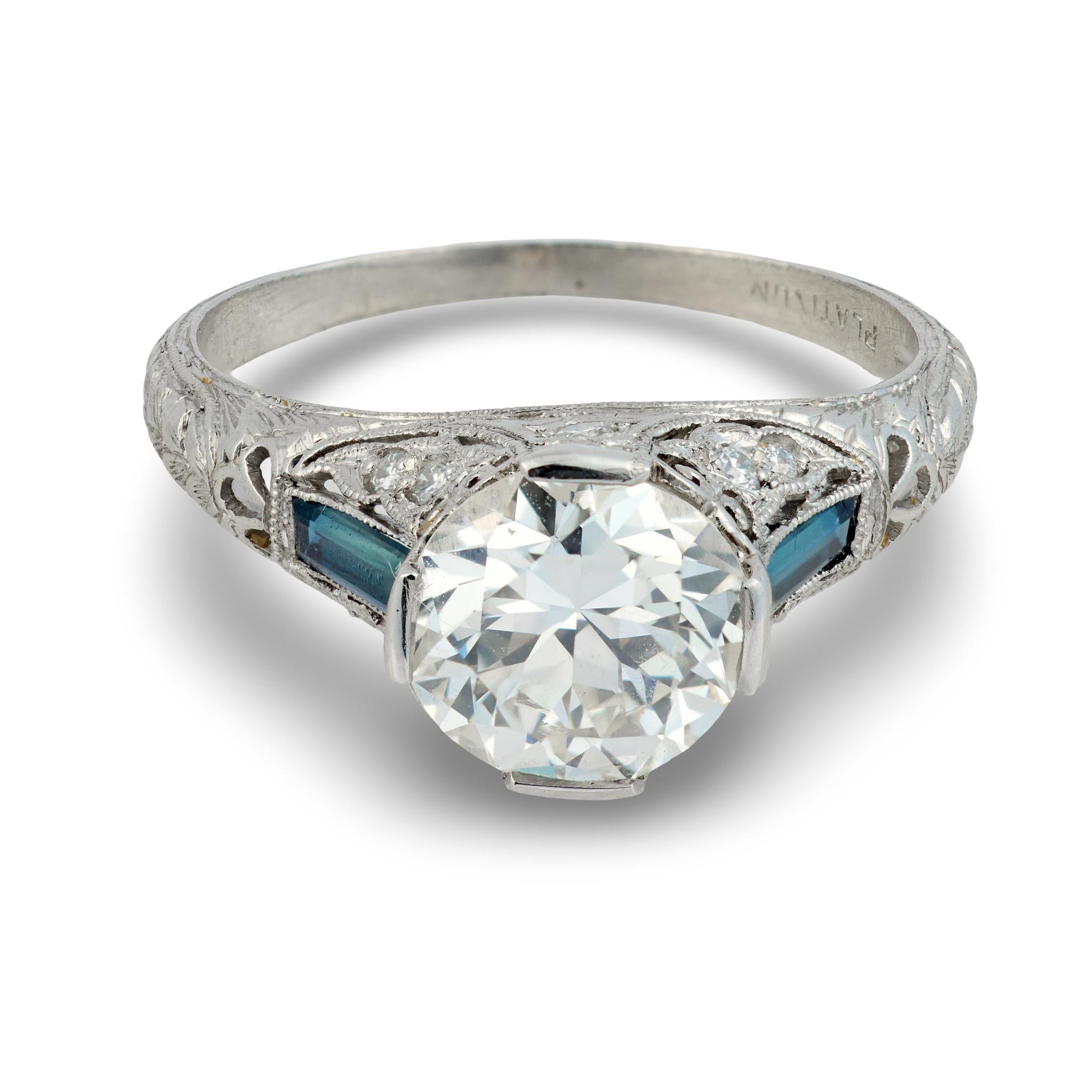Art Deco GIA 1.66 carat diamond sapphire platinum engagement ring