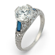Art Deco GIA 1.66 carat diamond sapphire platinum engagement ring