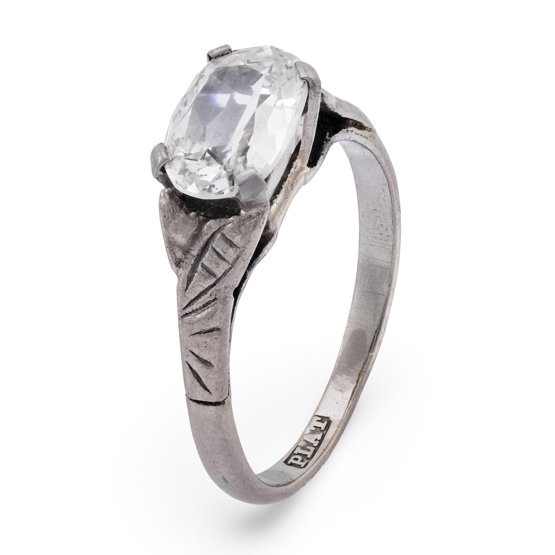 Art Deco GIA 1.01 carat elongated old mine cut diamond platinum engagement ring