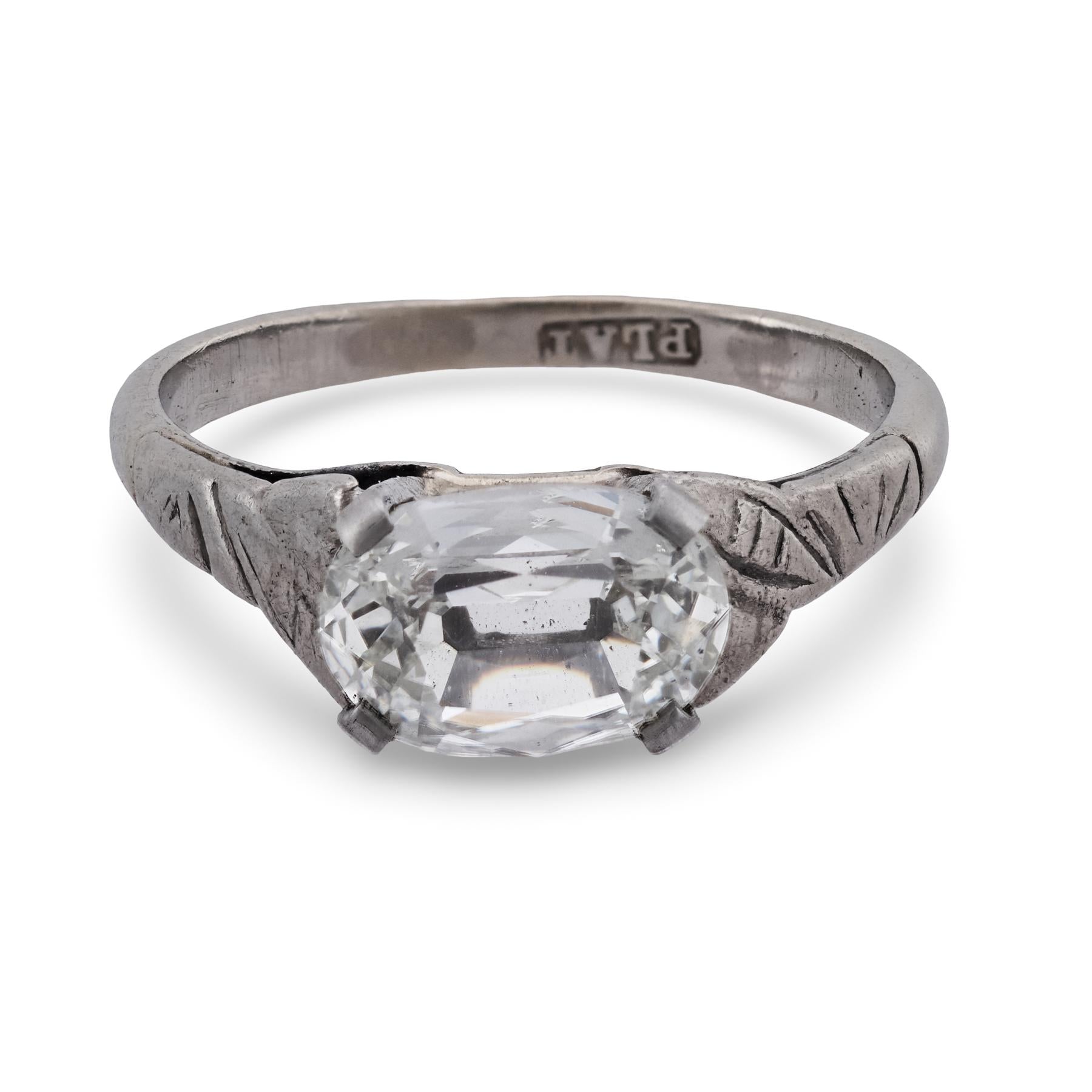 Art Deco GIA 1.01 carat elongated old mine cut diamond platinum engagement ring