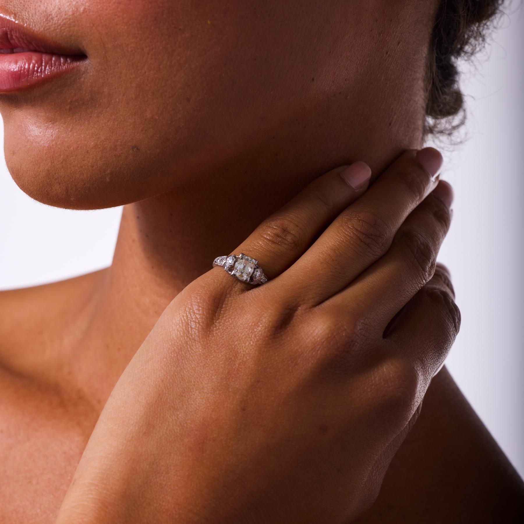 Art Deco GIA 1.22 carat old mine cut diamond platinum engagement ring