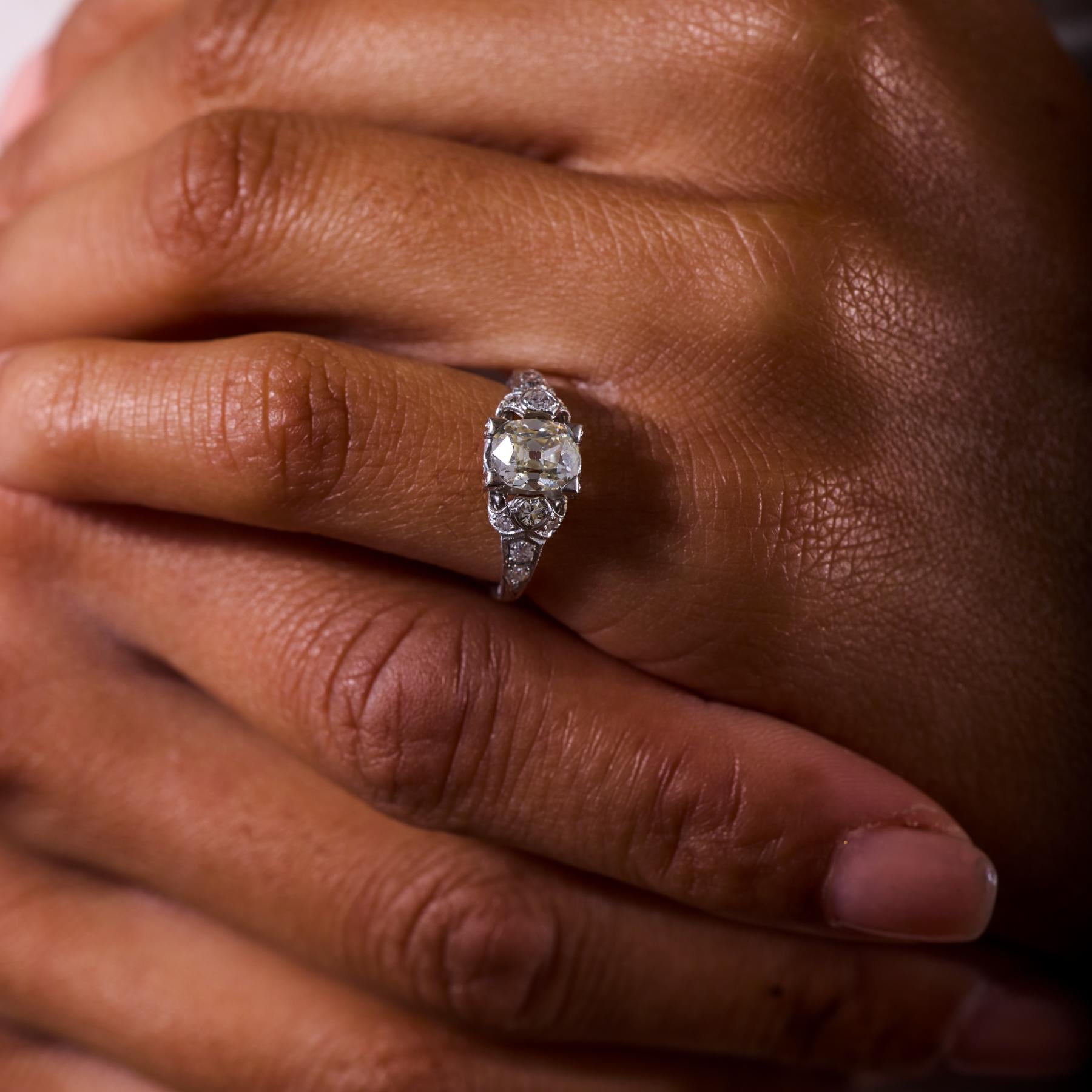 Art Deco GIA 1.22 carat old mine cut diamond platinum engagement ring