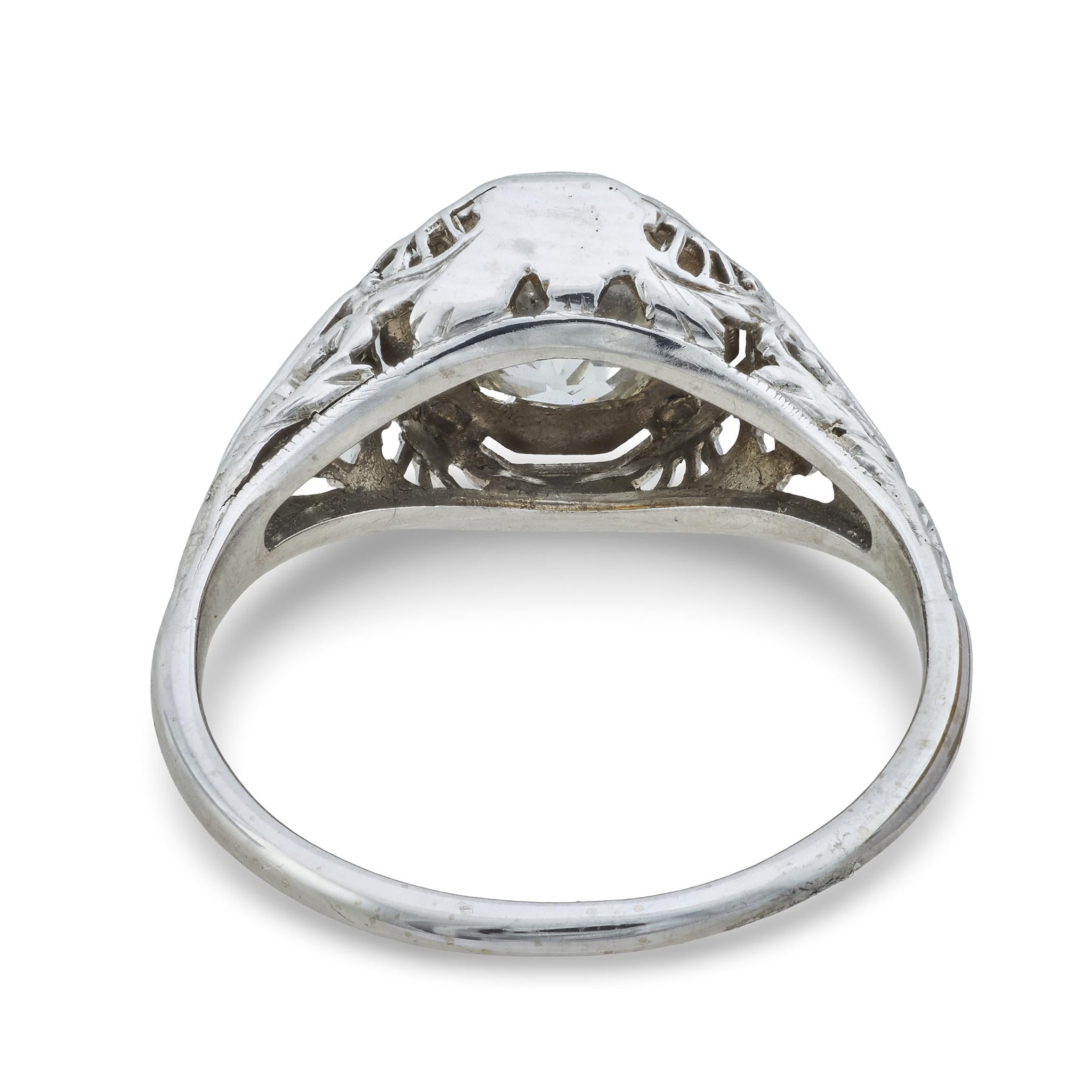 Art Deco 1.15 carat old mine cut diamond 14k white gold engagement ring