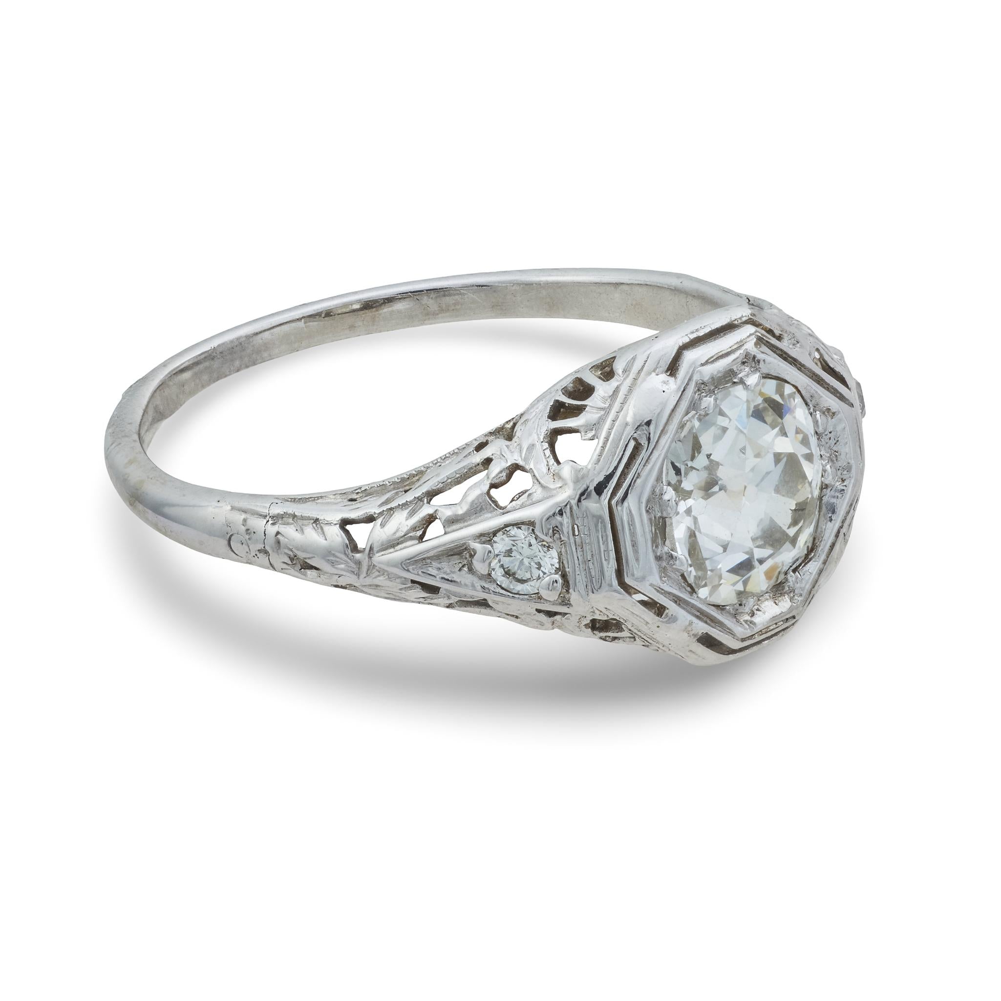 Art Deco 1.15 carat old mine cut diamond 14k white gold engagement ring