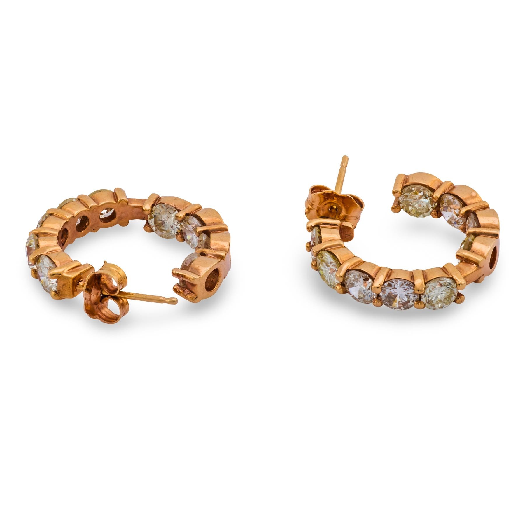 Vintage 3.75 carat round brilliant cut diamond 14k rose gold hoop earrings