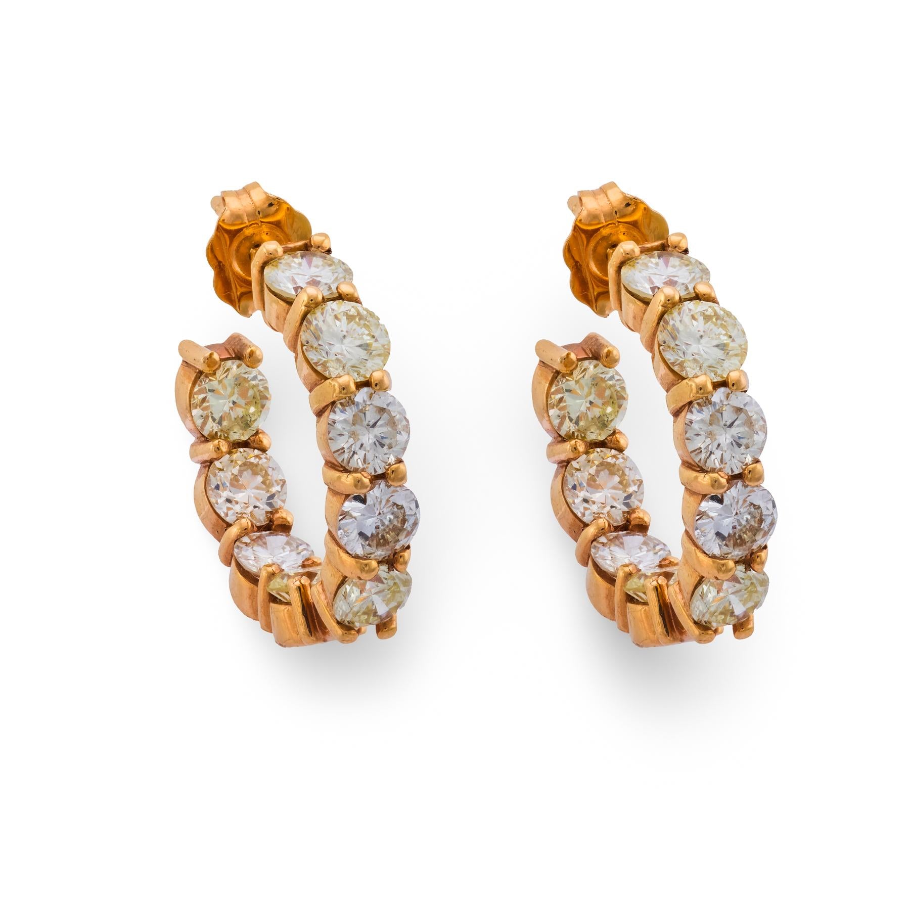 Vintage 3.75 carat round brilliant cut diamond 14k rose gold hoop earrings
