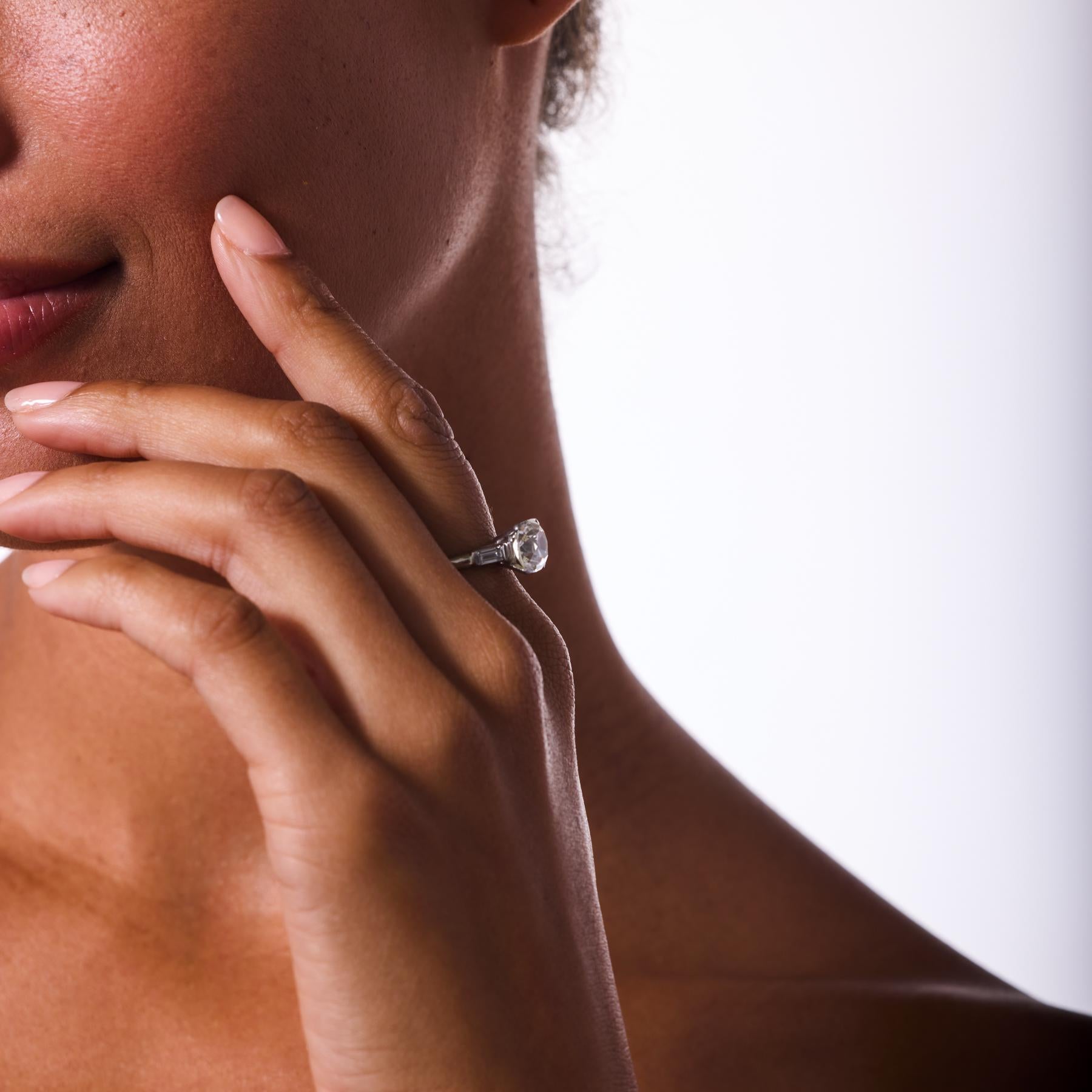 Mid Century GIA 3.09 carat old mine cut diamond platinum engagement ring