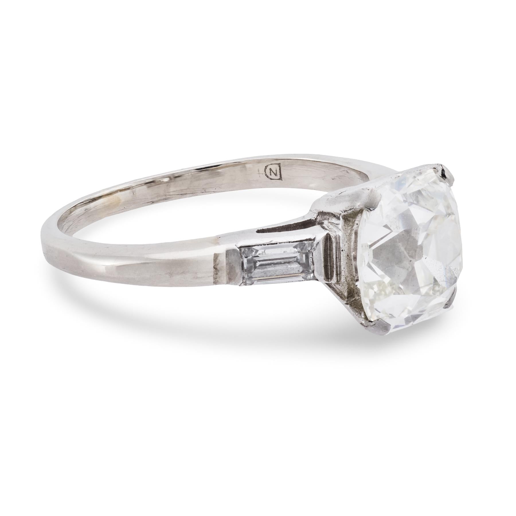 Mid Century GIA 3.09 carat old mine cut diamond platinum engagement ring