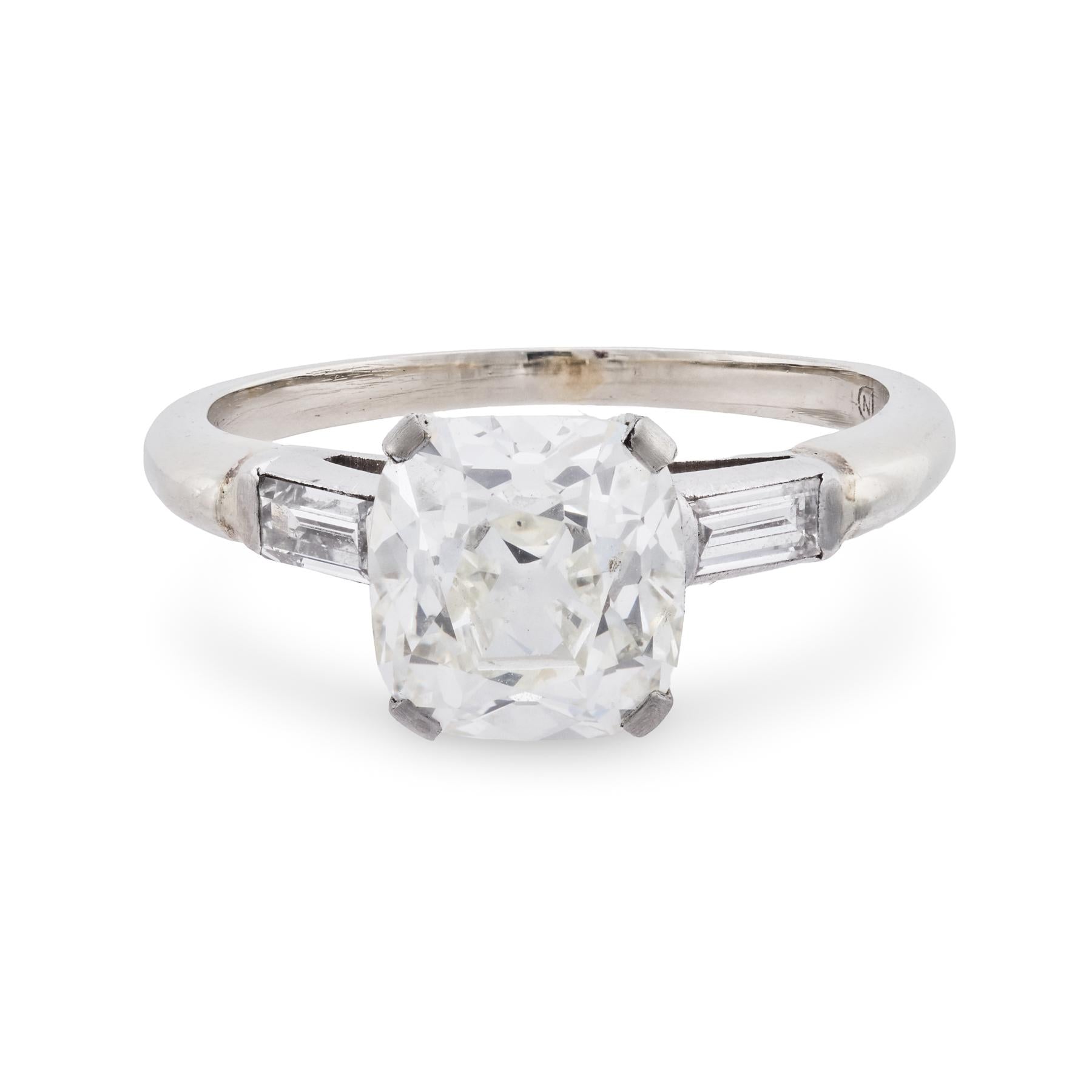 Mid Century GIA 3.09 carat old mine cut diamond platinum engagement ring
