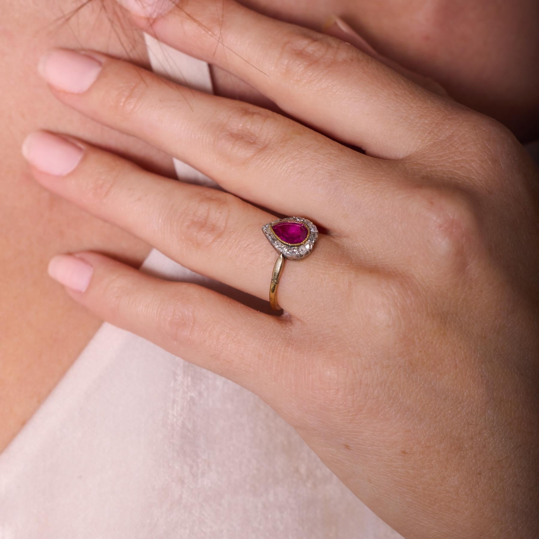 Edwardian GIA 1.15 carat Burma no heat ruby diamond 18k yellow gold ring