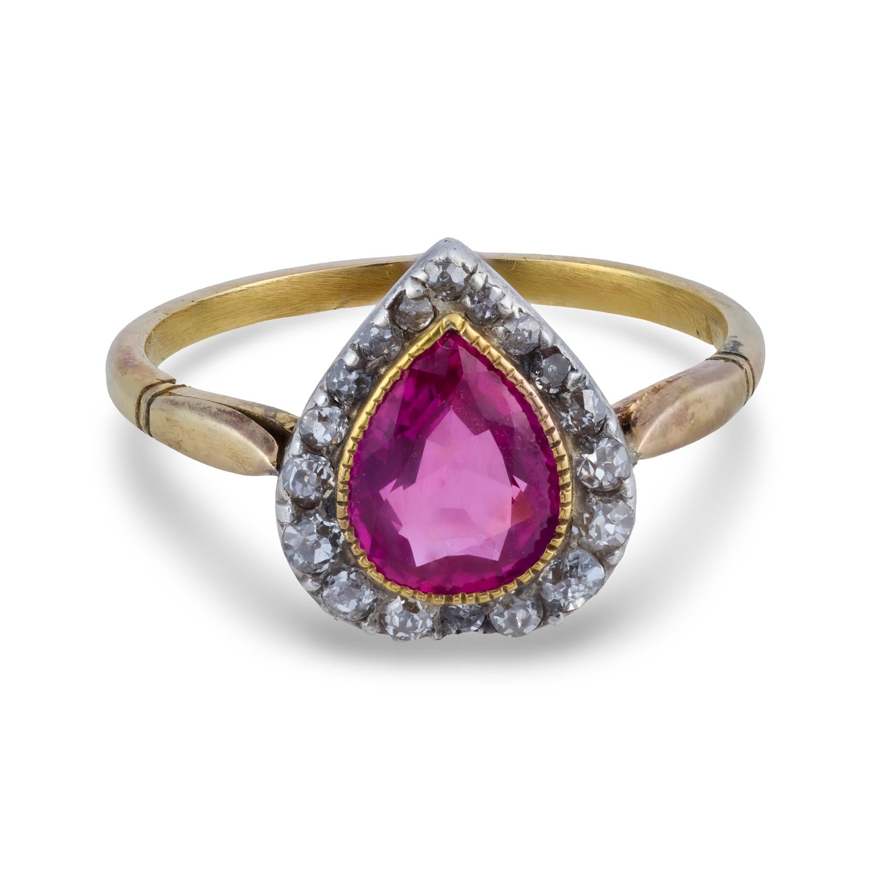 Edwardian GIA 1.15 carat Burma no heat ruby diamond 18k yellow gold ring