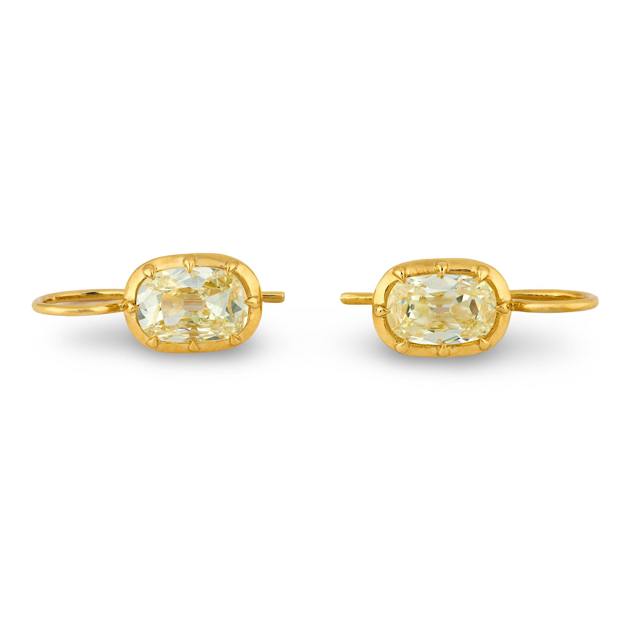 GIA 2.15 carat old mine cut diamond 18k yellow gold collet earrings