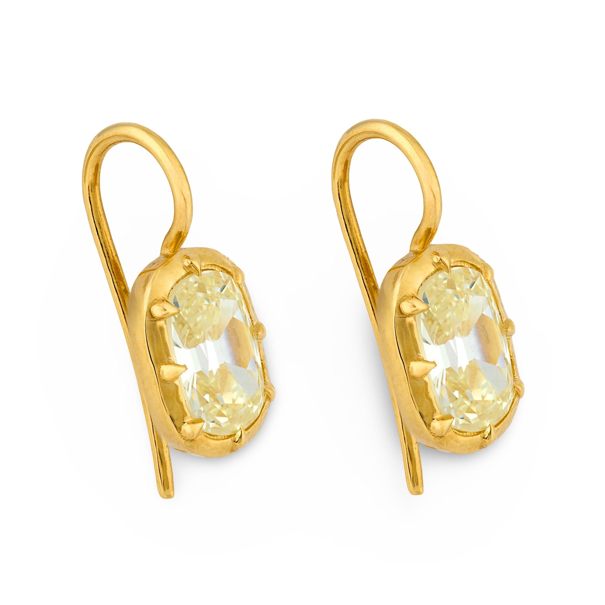GIA 2.15 carat old mine cut diamond 18k yellow gold collet earrings