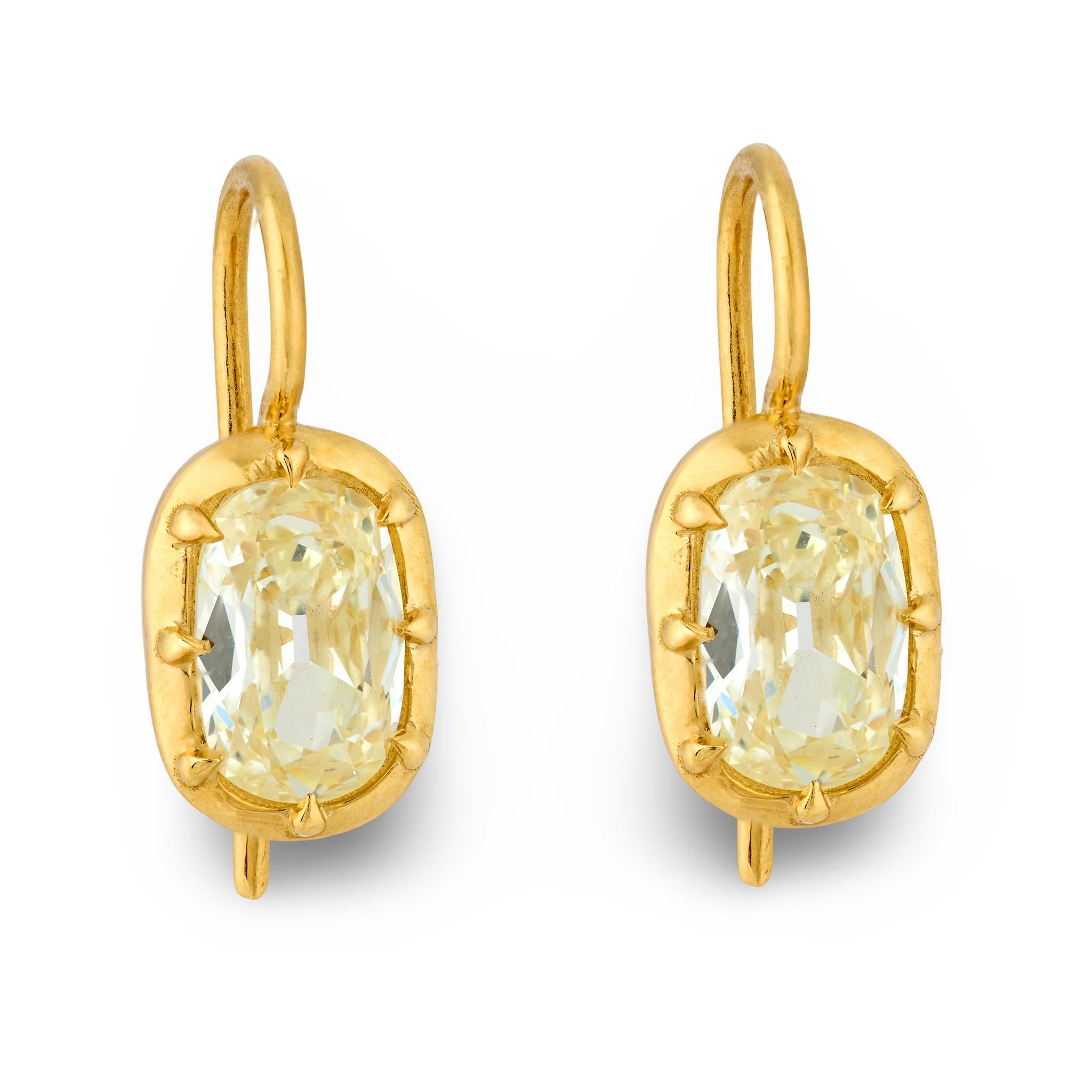 GIA 2.15 carat old mine cut diamond 18k yellow gold collet earrings