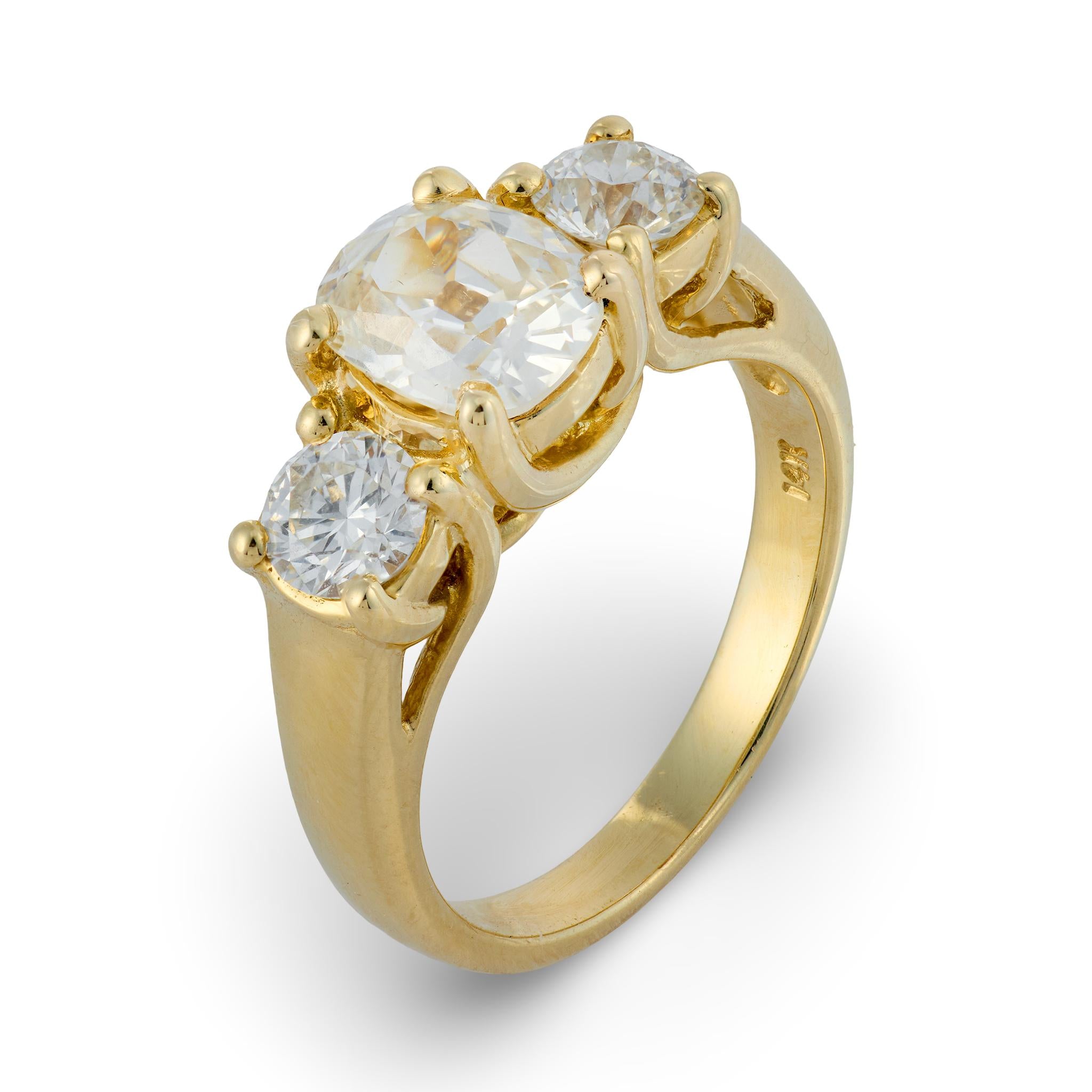 Vintage GIA 1.23 carat old mine cut diamond three stone engagement ring