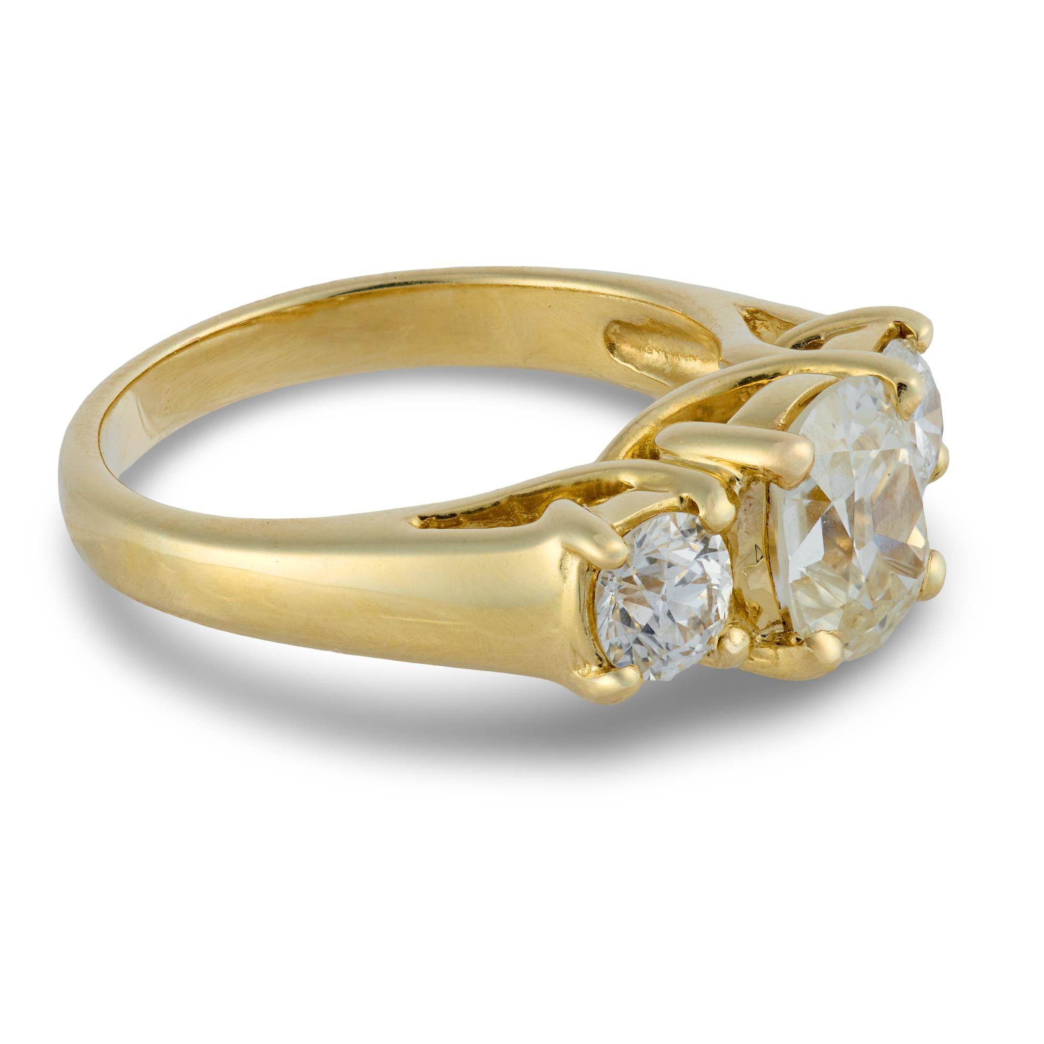 Vintage GIA 1.23 carat old mine cut diamond three stone engagement ring