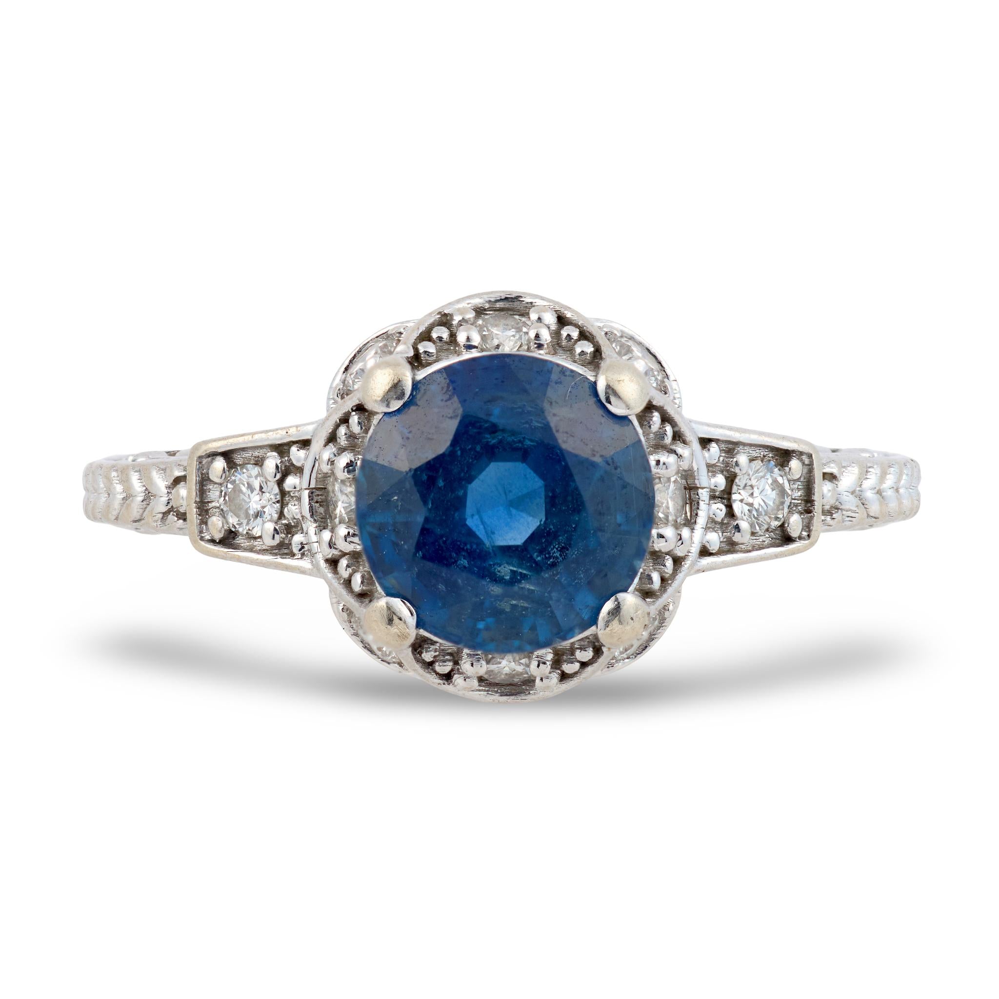 Mid Century GIA 1.70 carat sapphire diamond 18k white gold ring