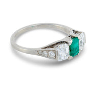 Art Deco emerald diamond platinum ring