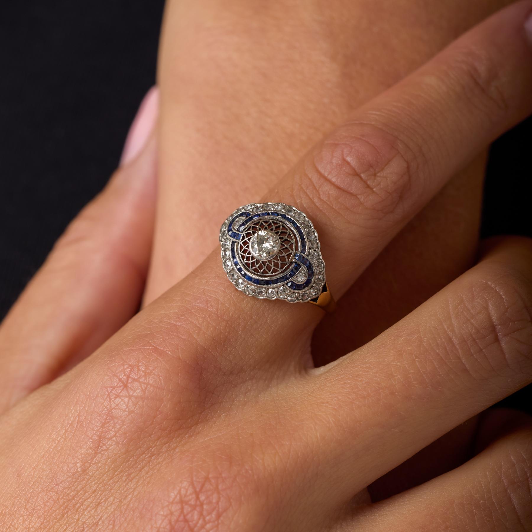 Edwardian diamond sapphire 18k yellow gold ring