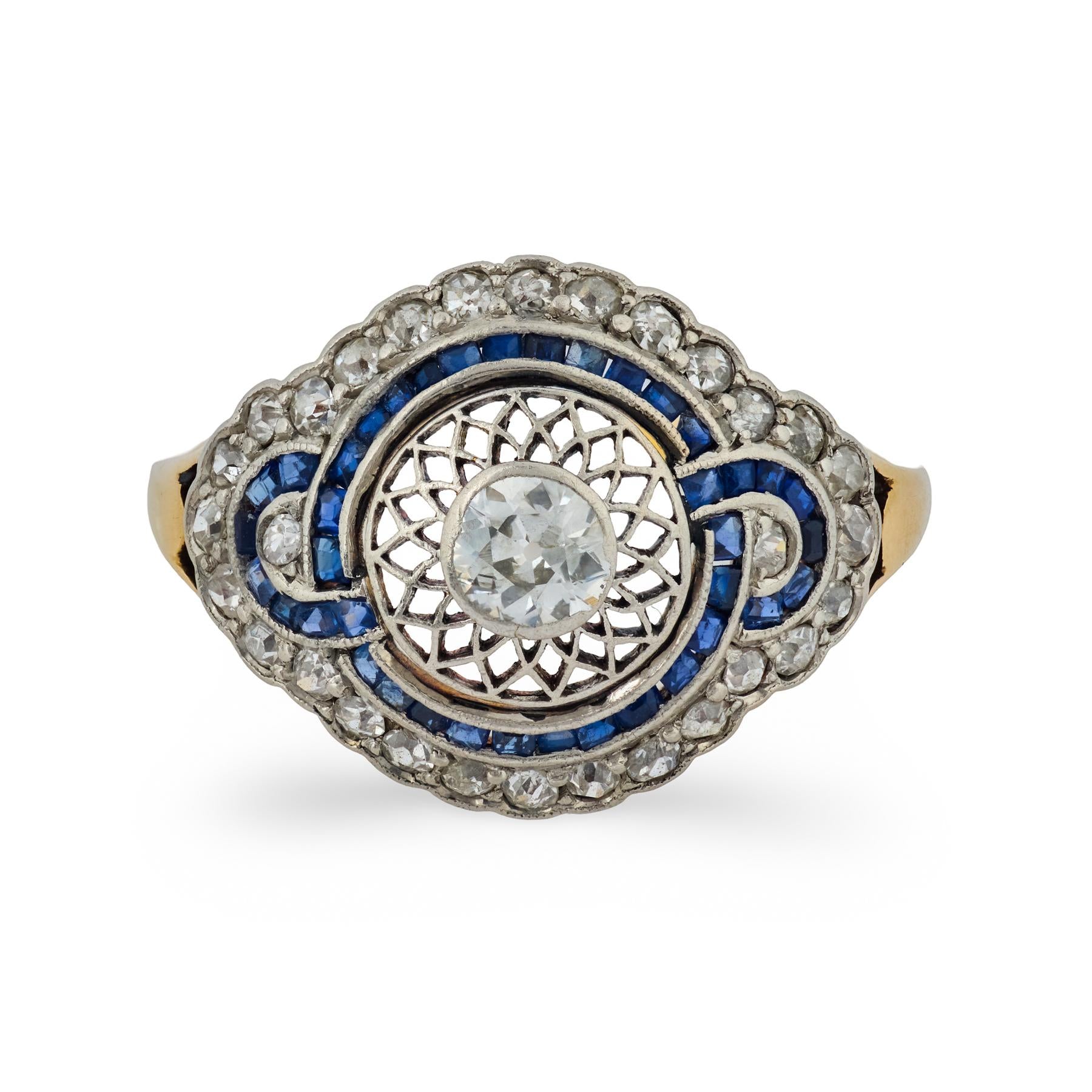 Edwardian diamond sapphire 18k yellow gold ring