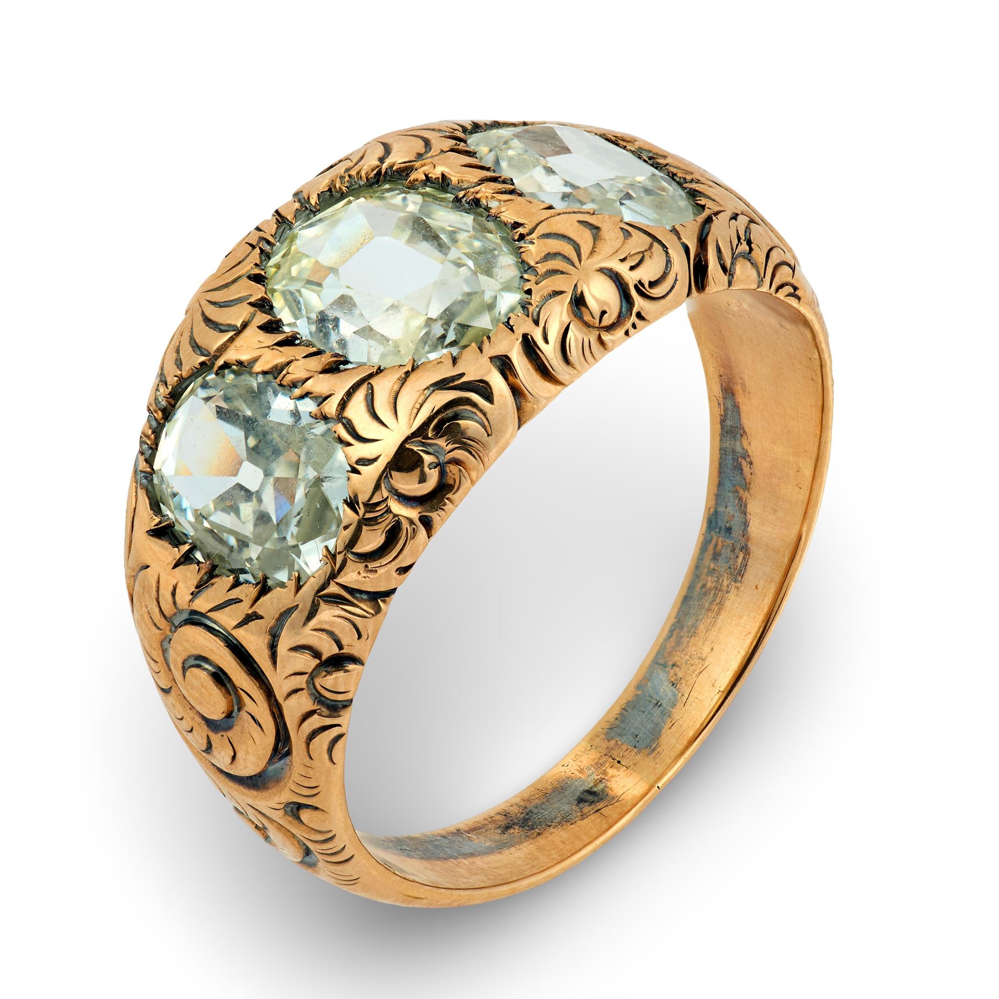 Victorian GIA 2.60 carat old mine cut diamond 14k gold diamond three stone band