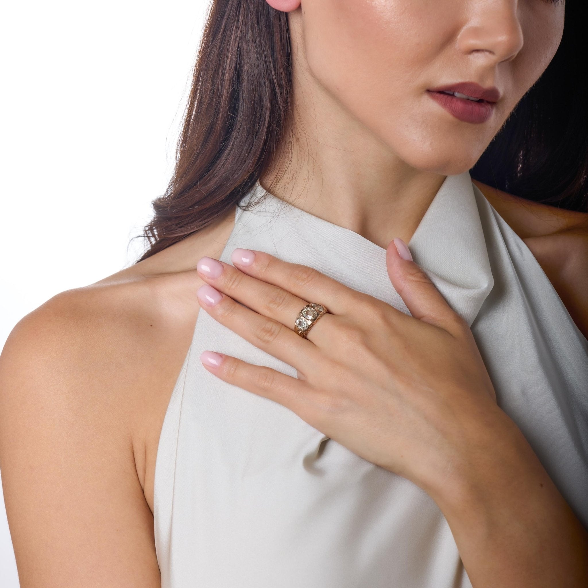 Victorian GIA 2.60 carat old mine cut diamond 14k gold diamond three stone band