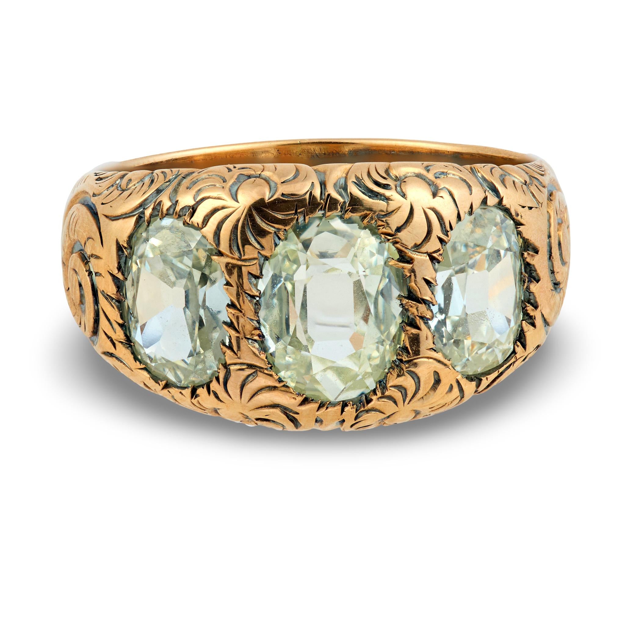 Victorian GIA 2.60 carat old mine cut diamond 14k gold diamond three stone band