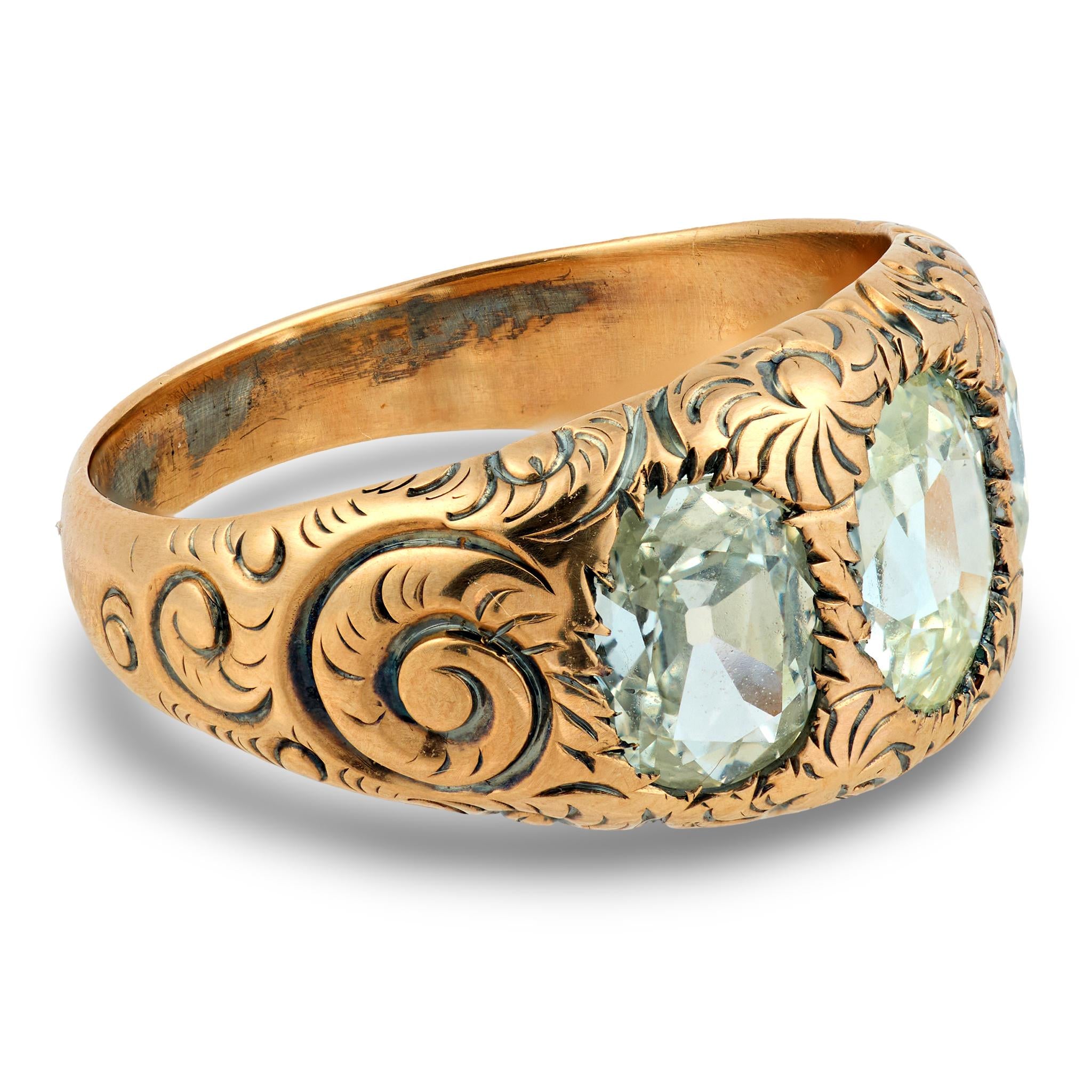 Victorian GIA 2.60 carat old mine cut diamond 14k gold diamond three stone band