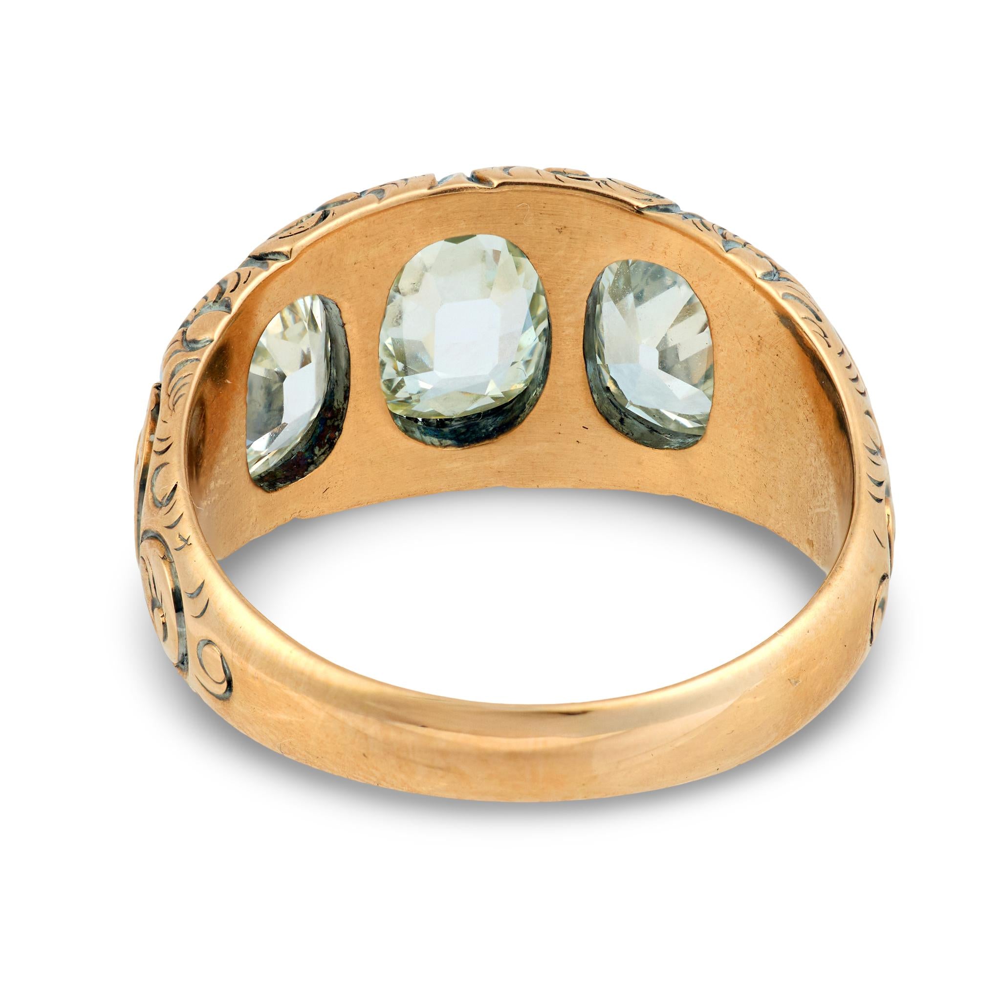 Victorian GIA 2.60 carat old mine cut diamond 14k gold diamond three stone band