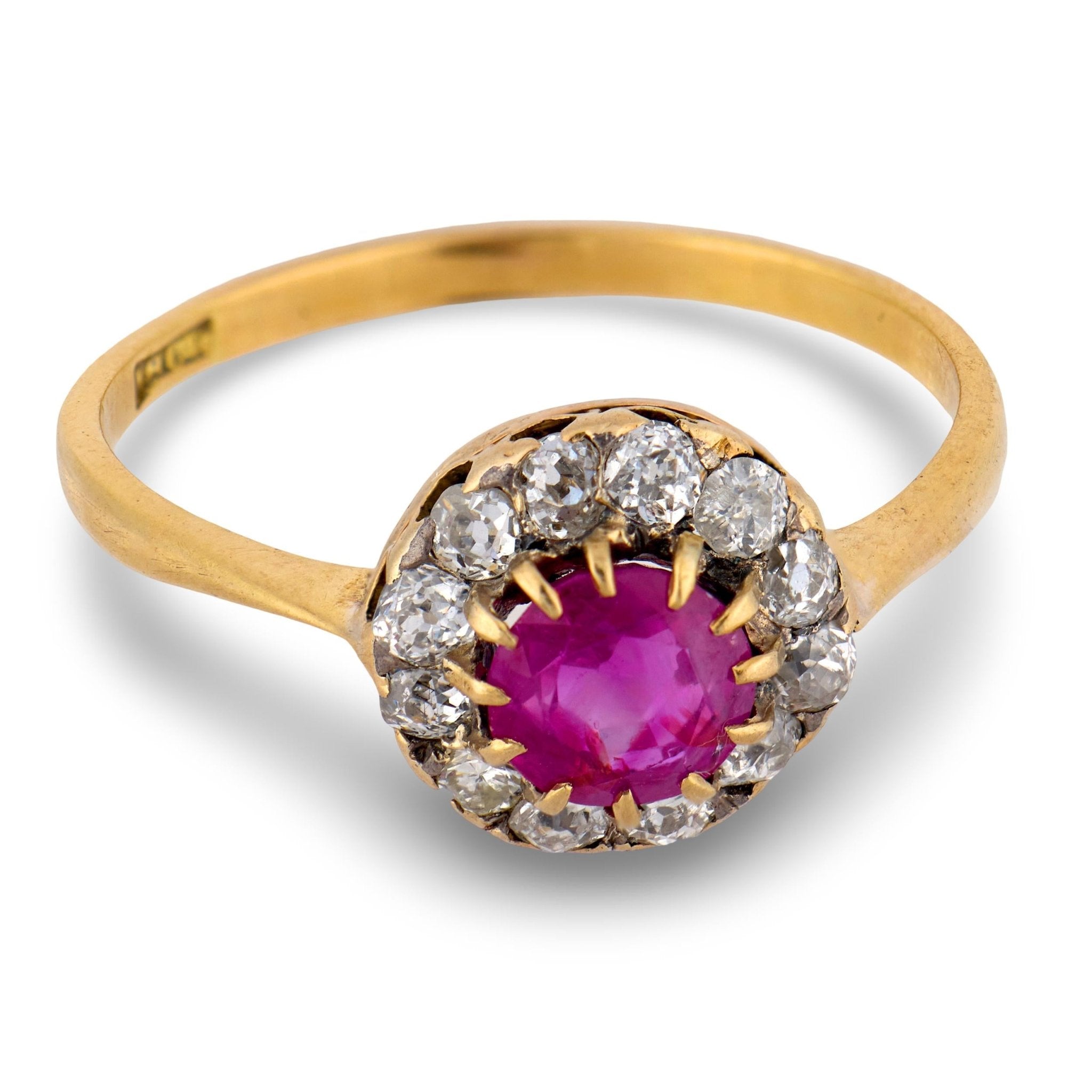 Victorian GIA Burma no heat ruby diamond 18k yellow gold cluster ring