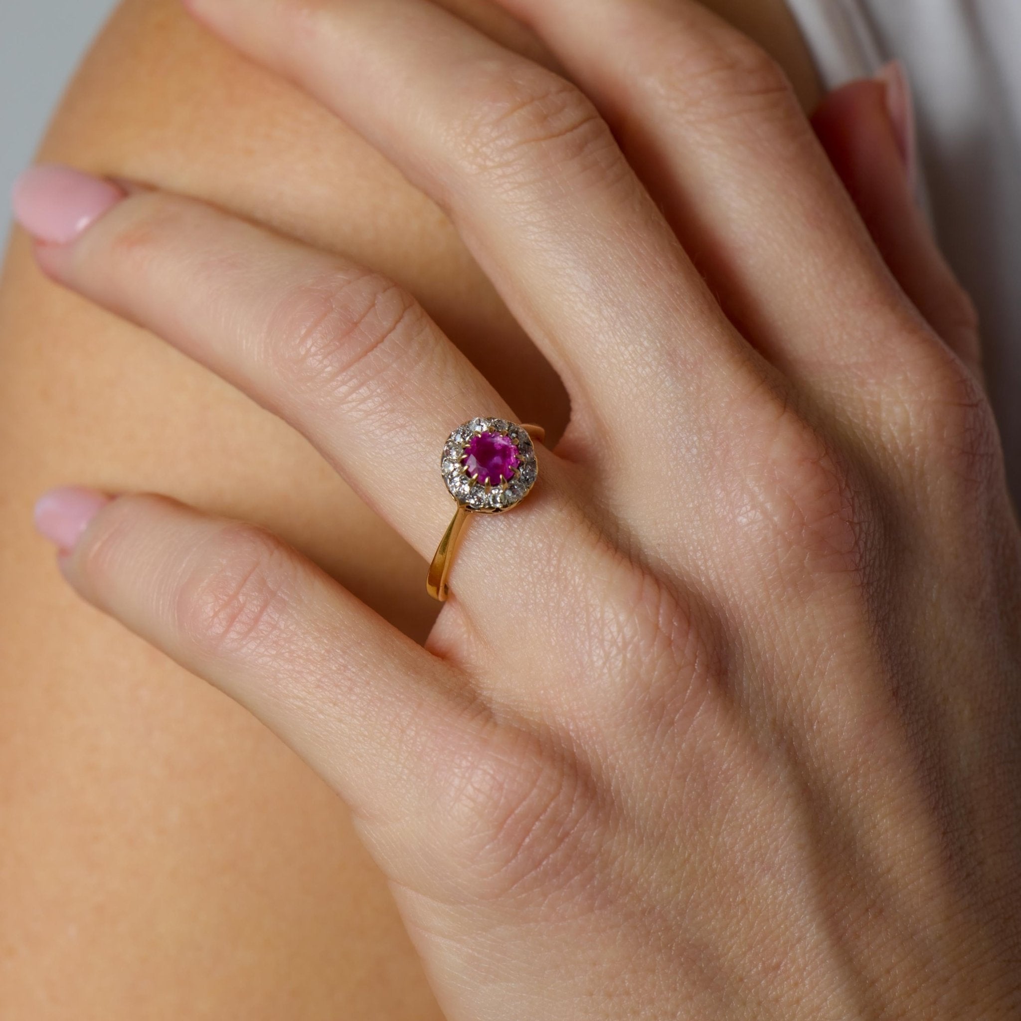 Victorian GIA Burma no heat ruby diamond 18k yellow gold cluster ring