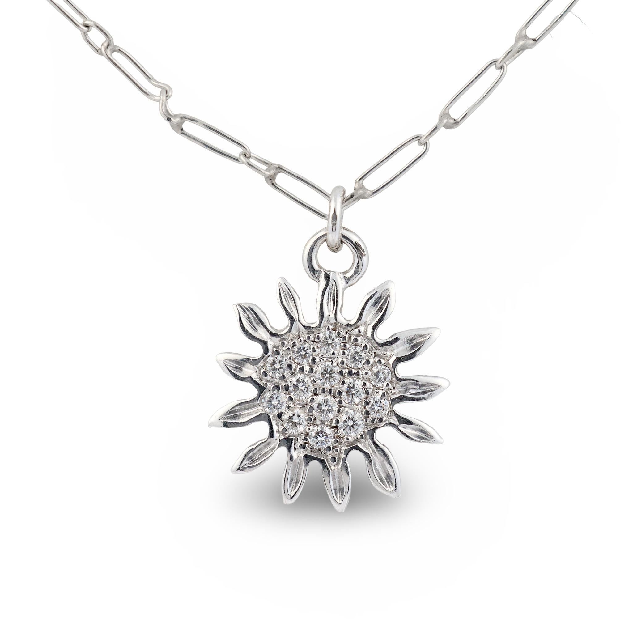 Vintage diamond platinum sunflower charm paperclip necklace