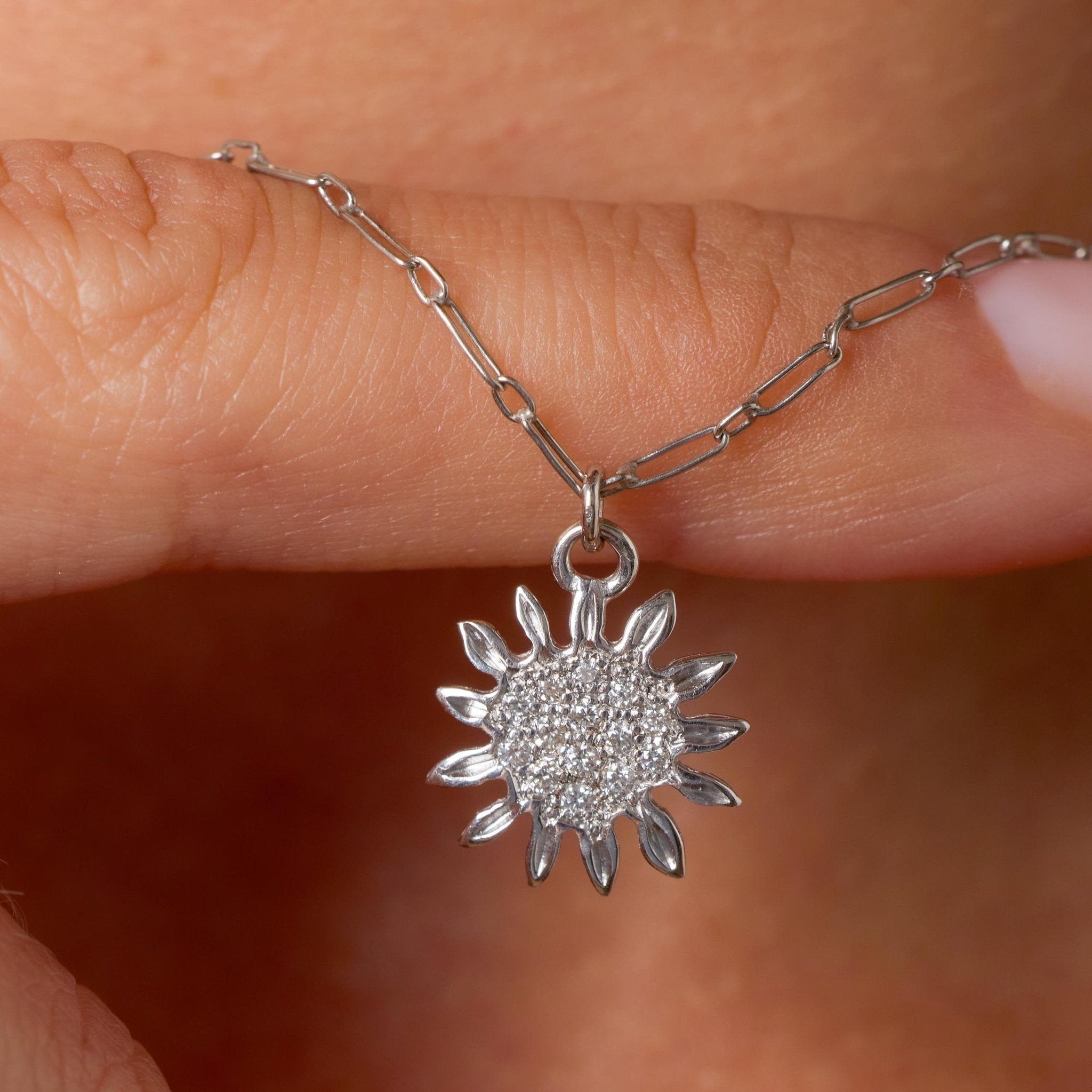 Vintage diamond platinum sunflower charm paperclip necklace