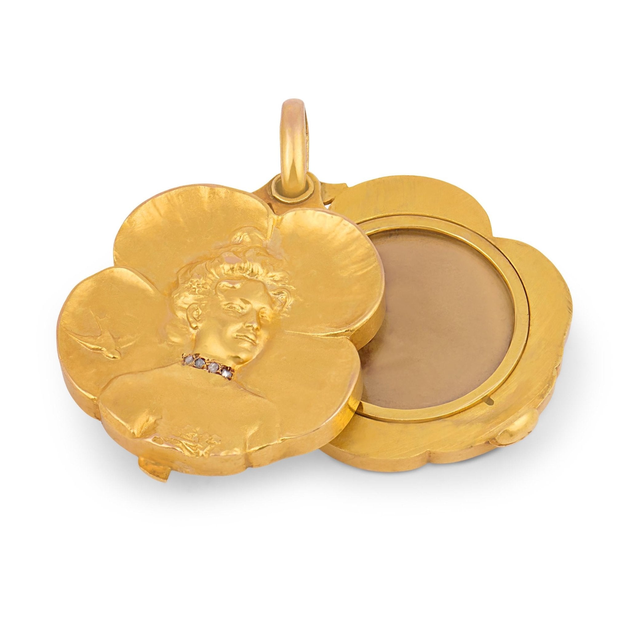 Art Nouveau diamond 18k yellow gold locket pendant