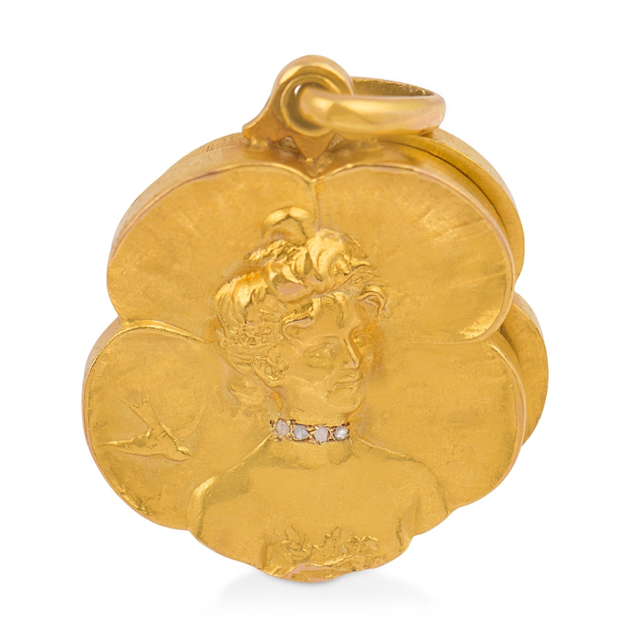 Art Nouveau diamond 18k yellow gold locket pendant