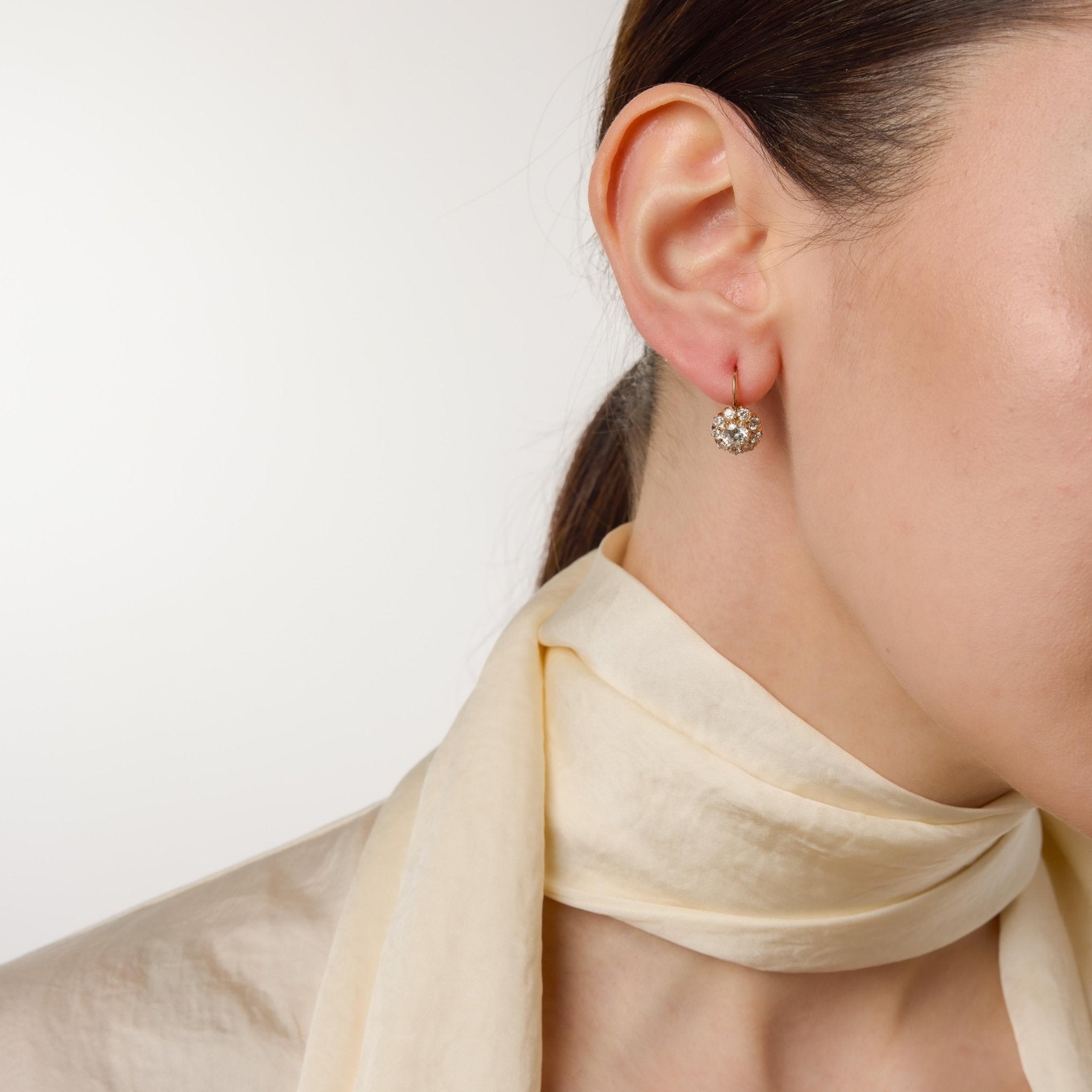 Victorian inspired diamond cluster 18k yellow gold earrings