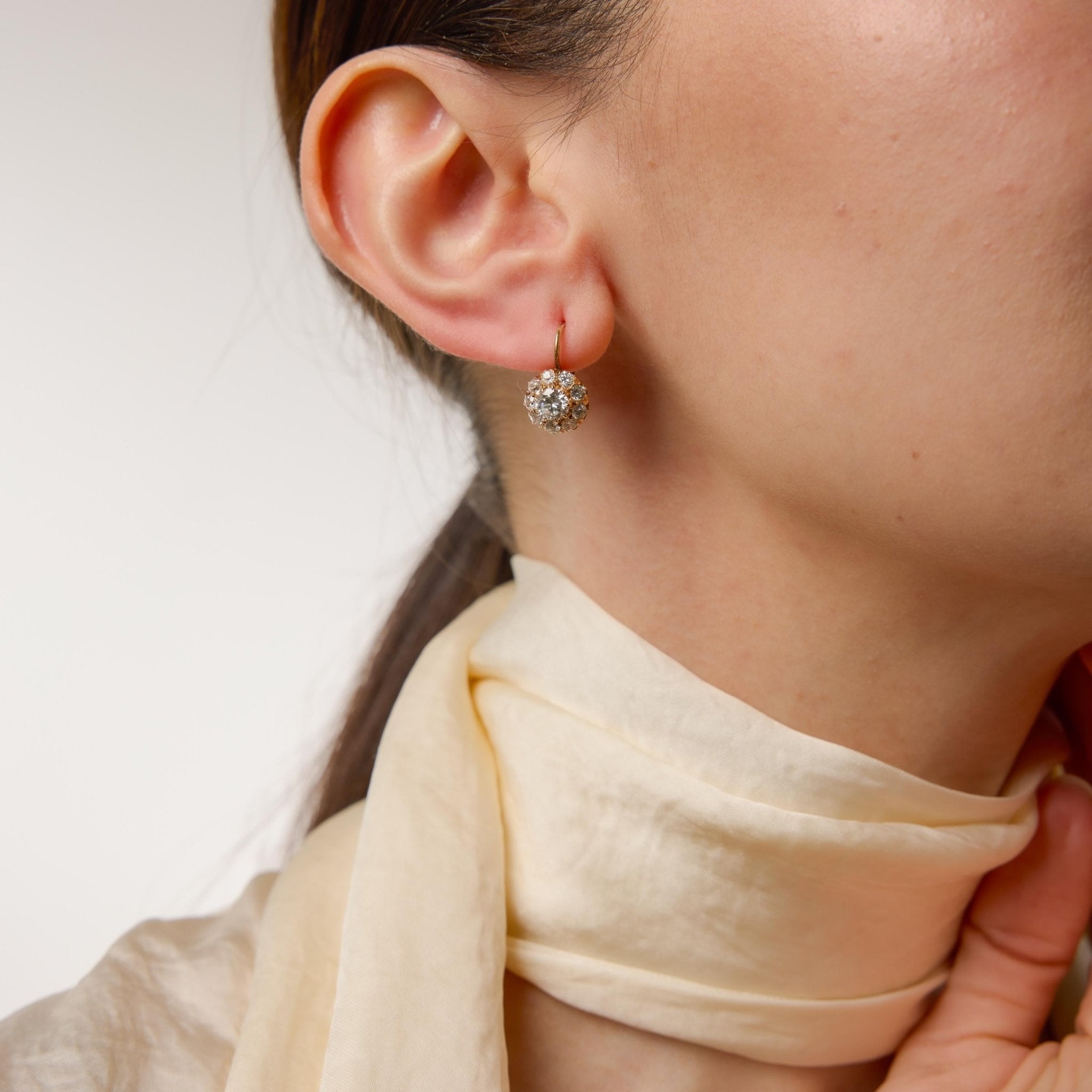 Victorian inspired diamond cluster 18k yellow gold earrings