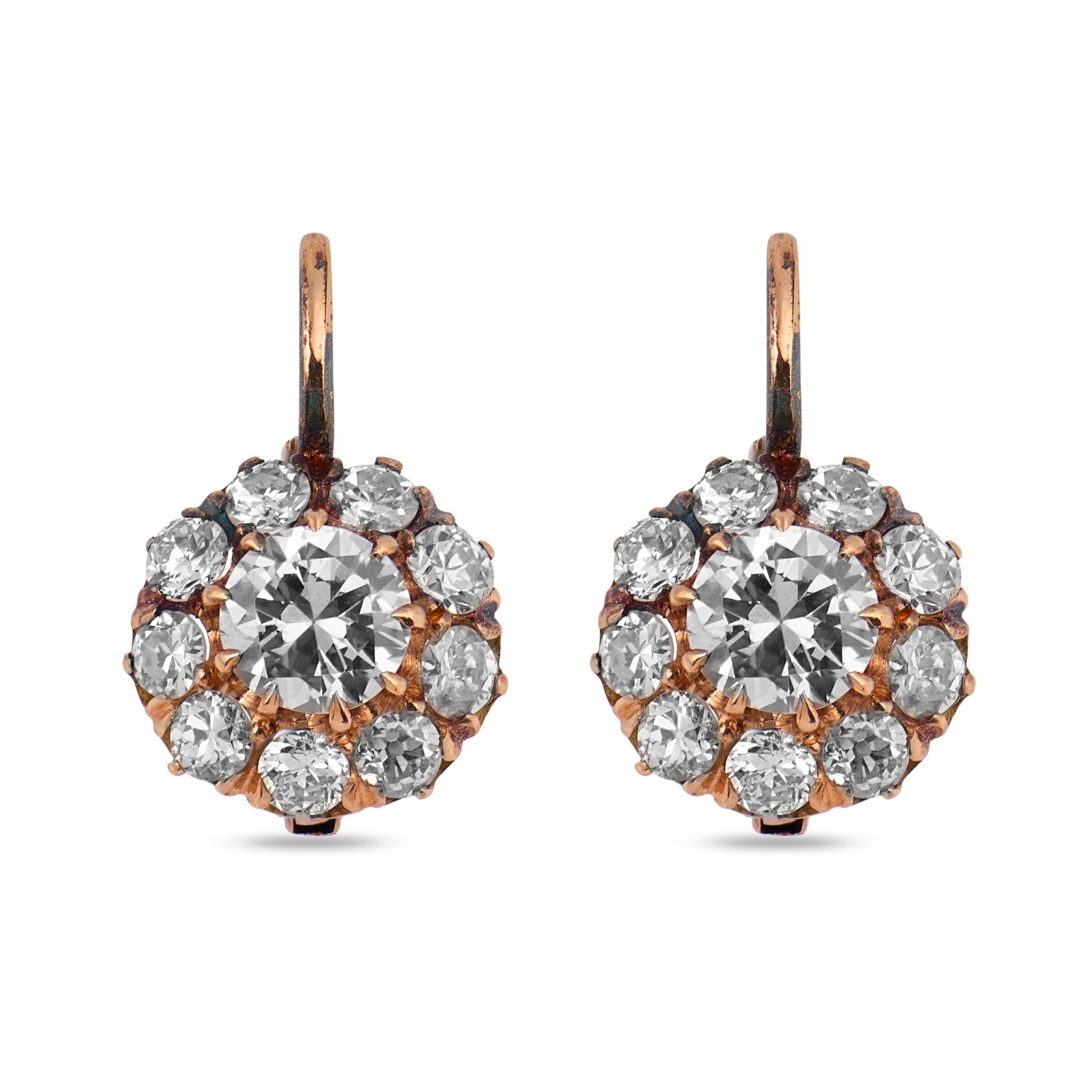 Victorian inspired diamond cluster 18k yellow gold earrings