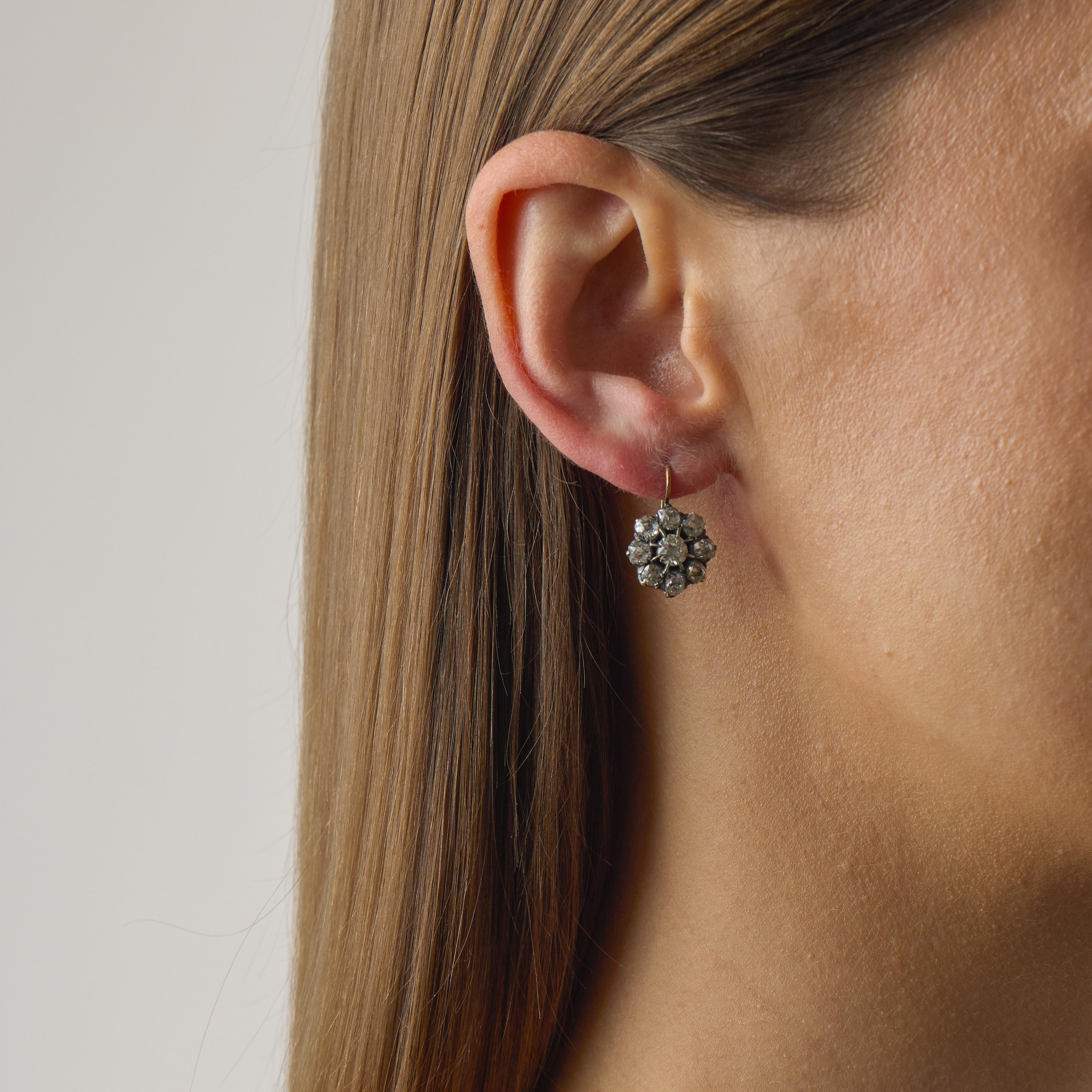 Victorian style 4.89 carat old mine diamond 18k gold silver cluster earrings