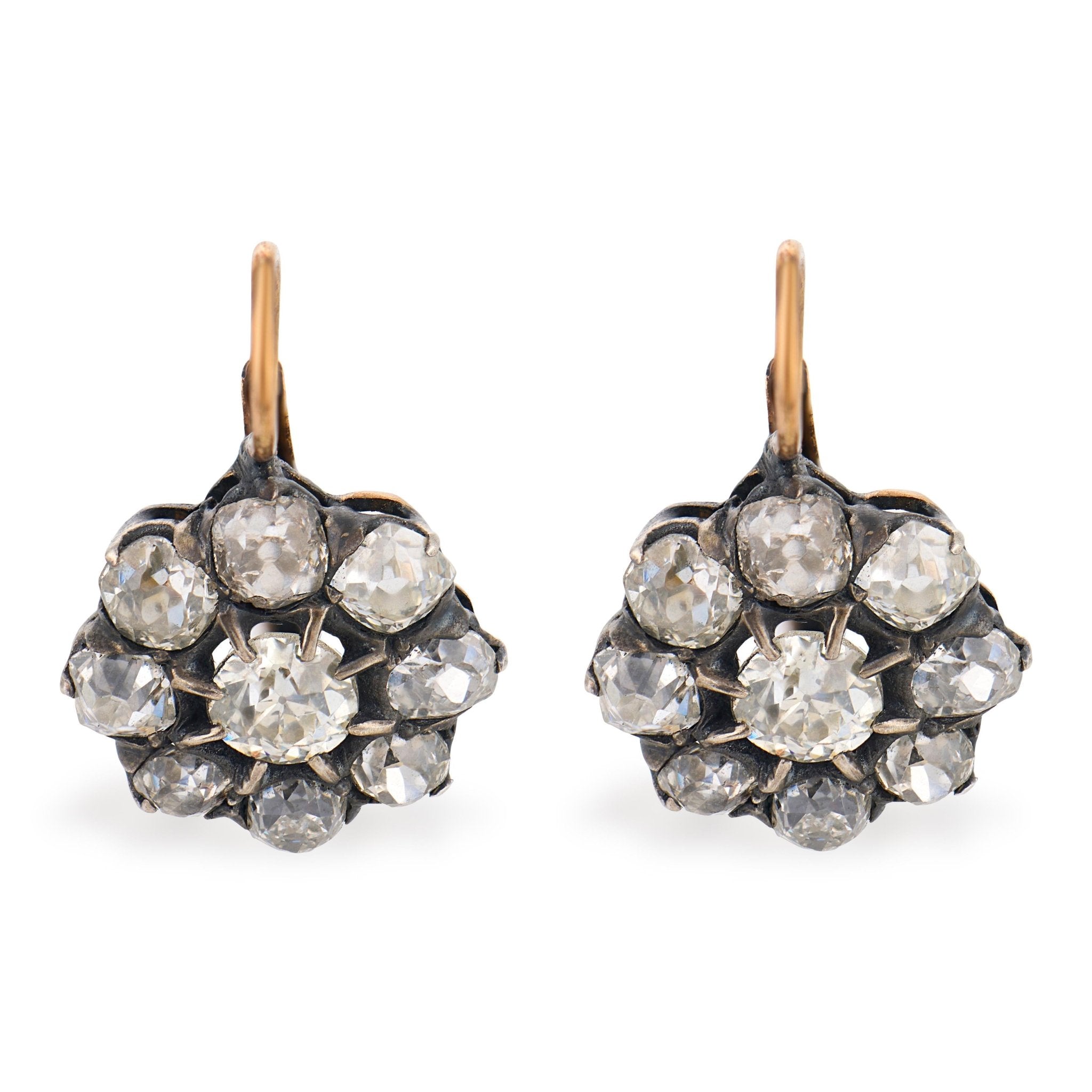 Victorian style 4.89 carat old mine diamond 18k gold silver cluster earrings