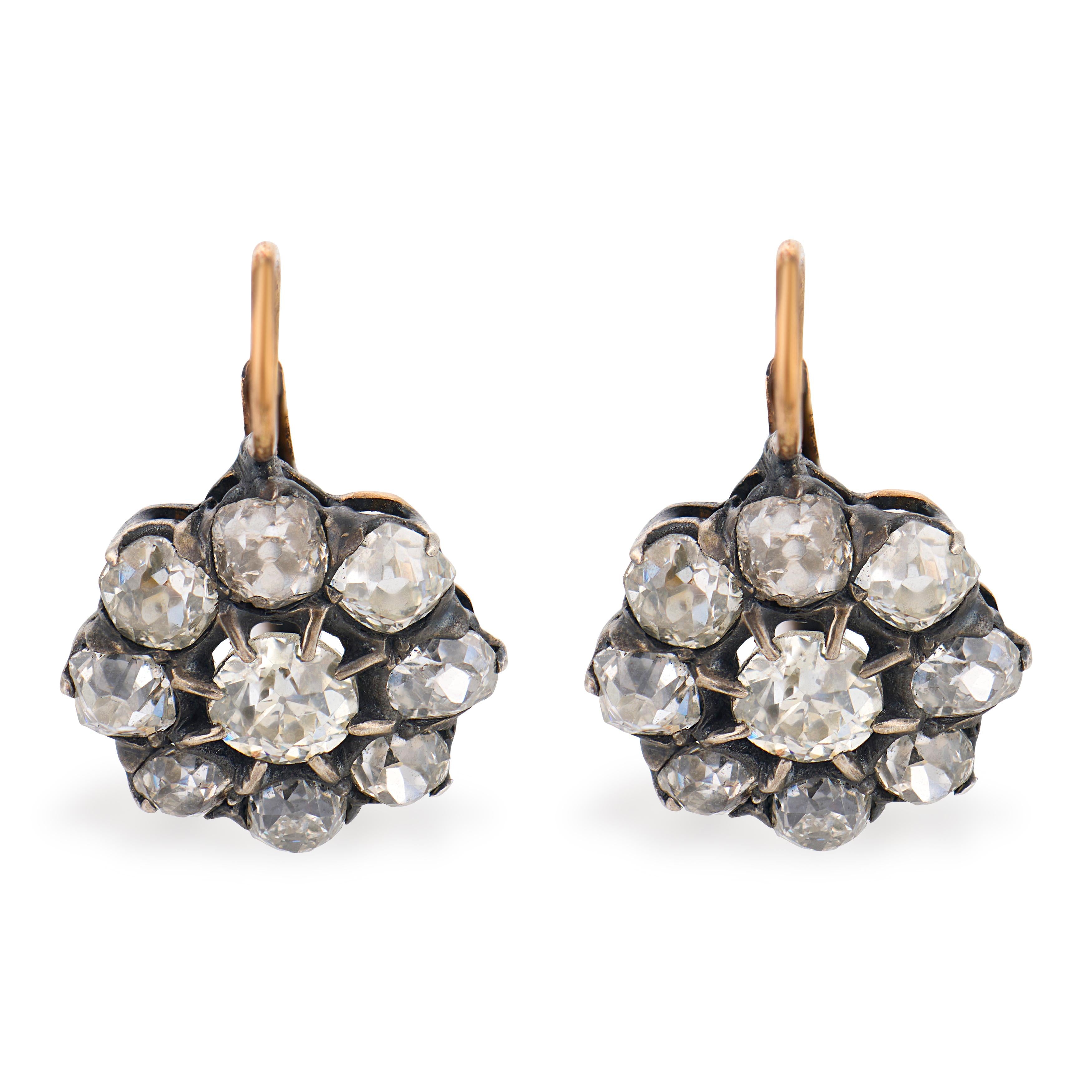 Victorian style 4.89 carat old mine diamond 18k gold silver cluster earrings