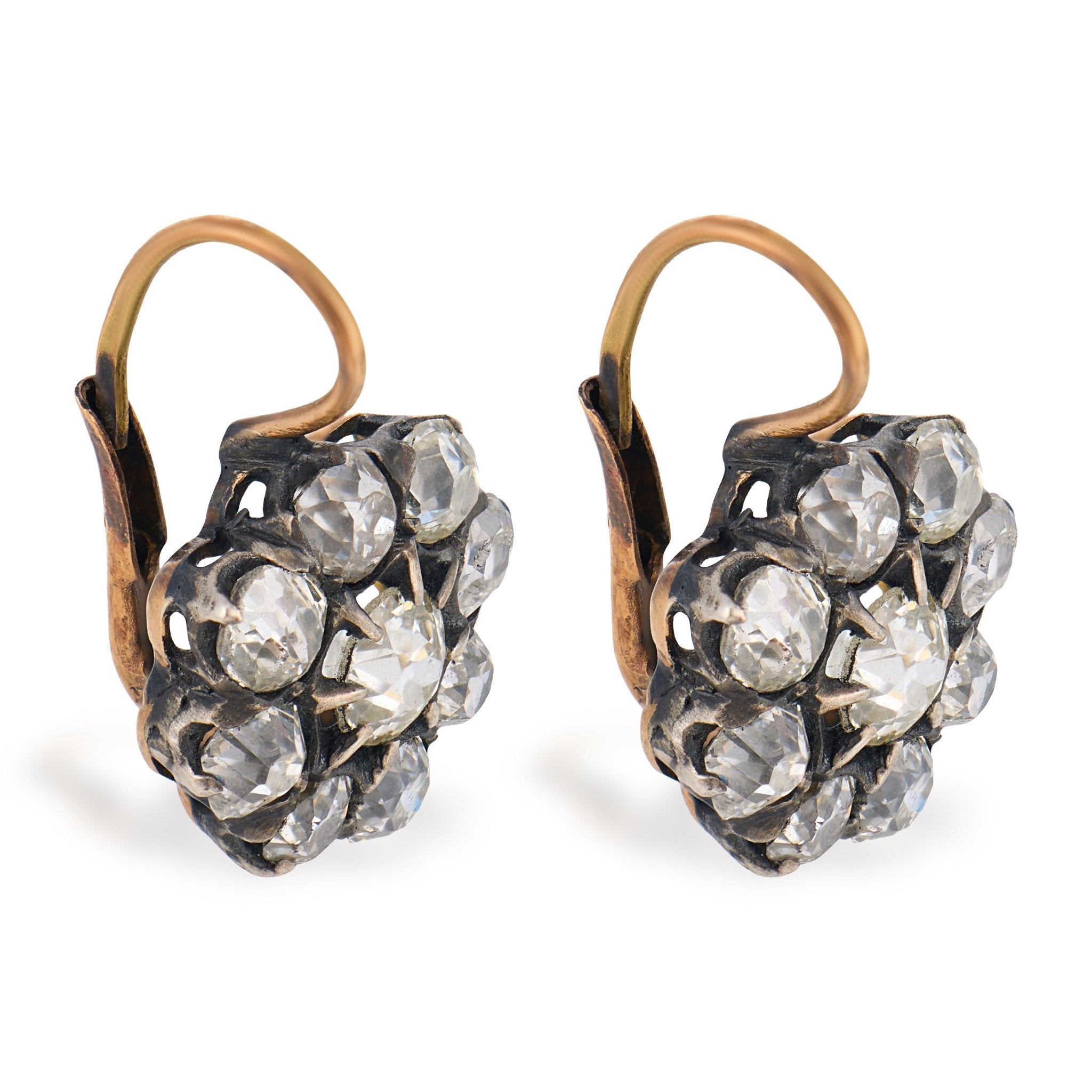 Victorian style 4.89 carat old mine diamond 18k gold silver cluster earrings
