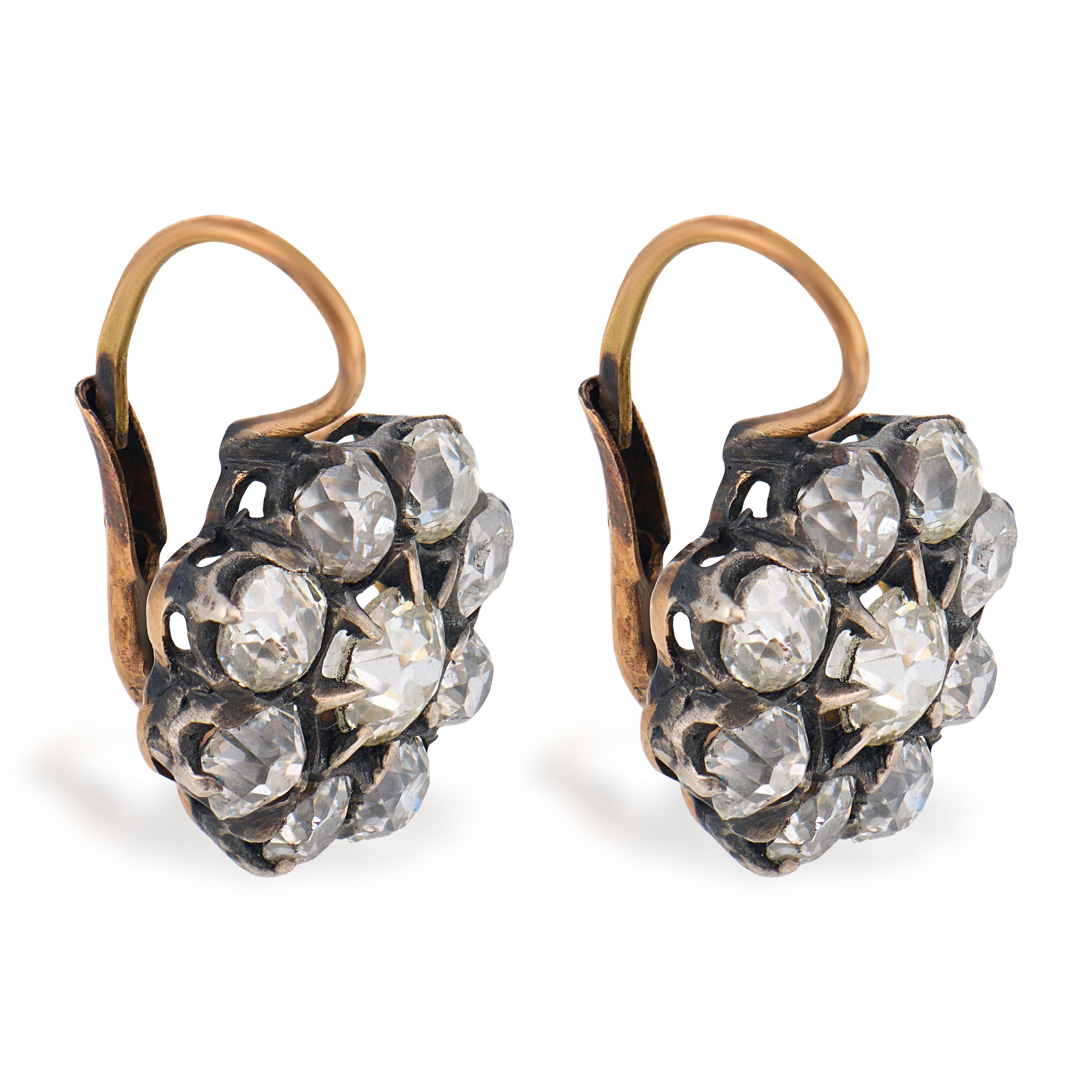 Victorian style 4.89 carat old mine diamond 18k gold silver cluster earrings