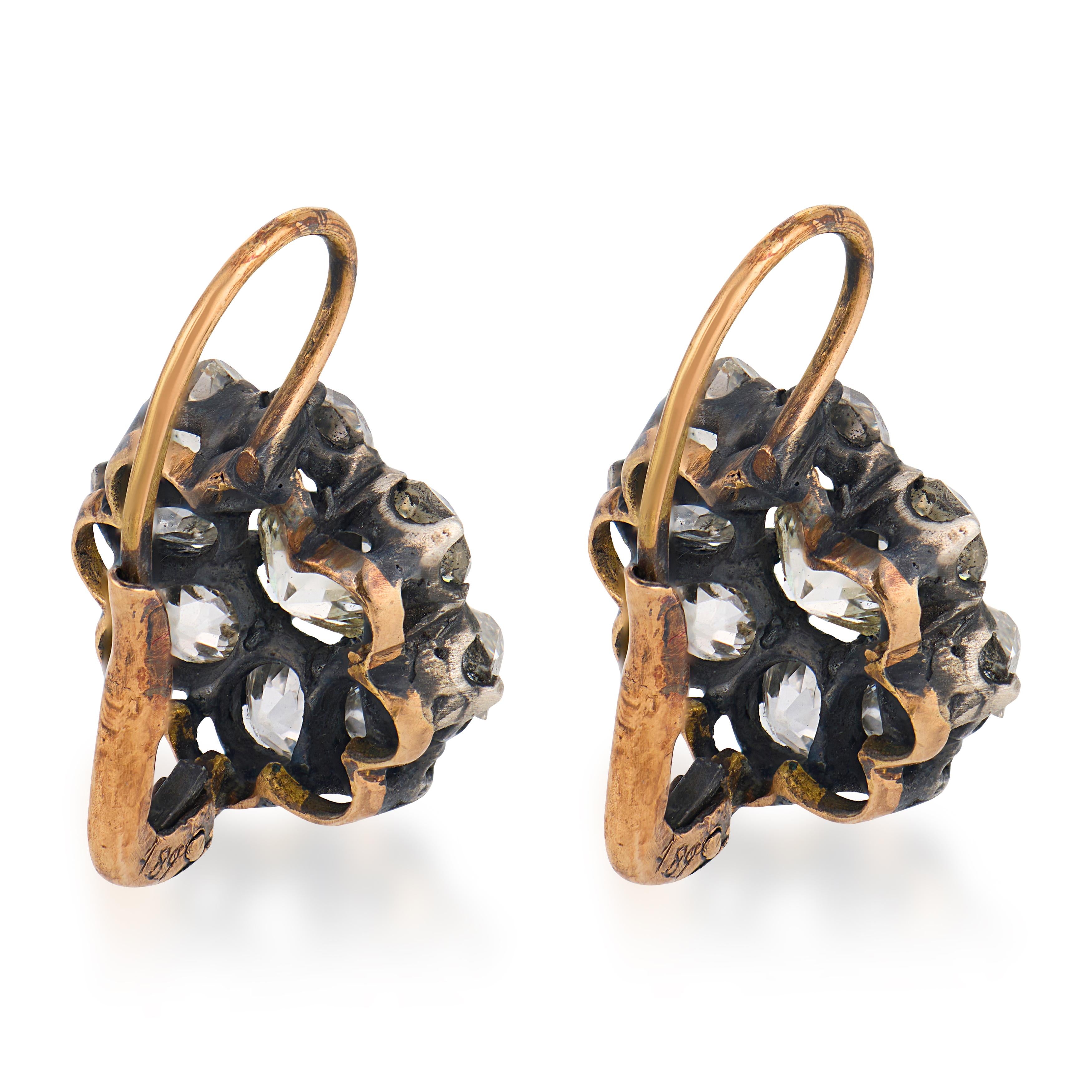 Victorian style 4.89 carat old mine diamond 18k gold silver cluster earrings