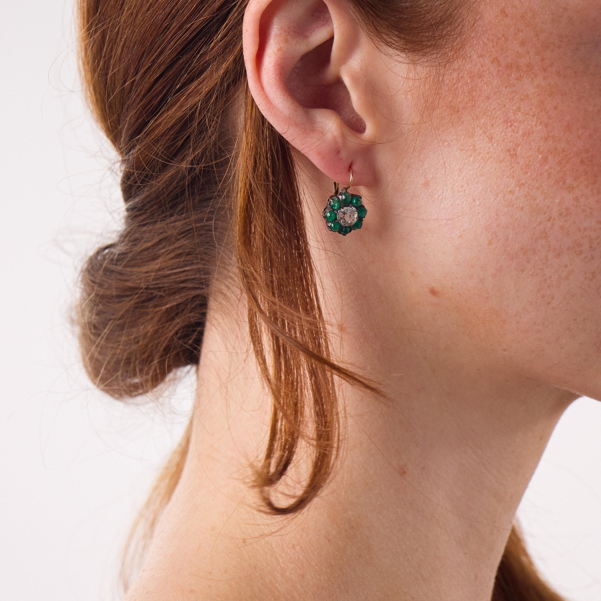 Victorian 1.40 carat diamond cabochon emerald gold and silver cluster earrings