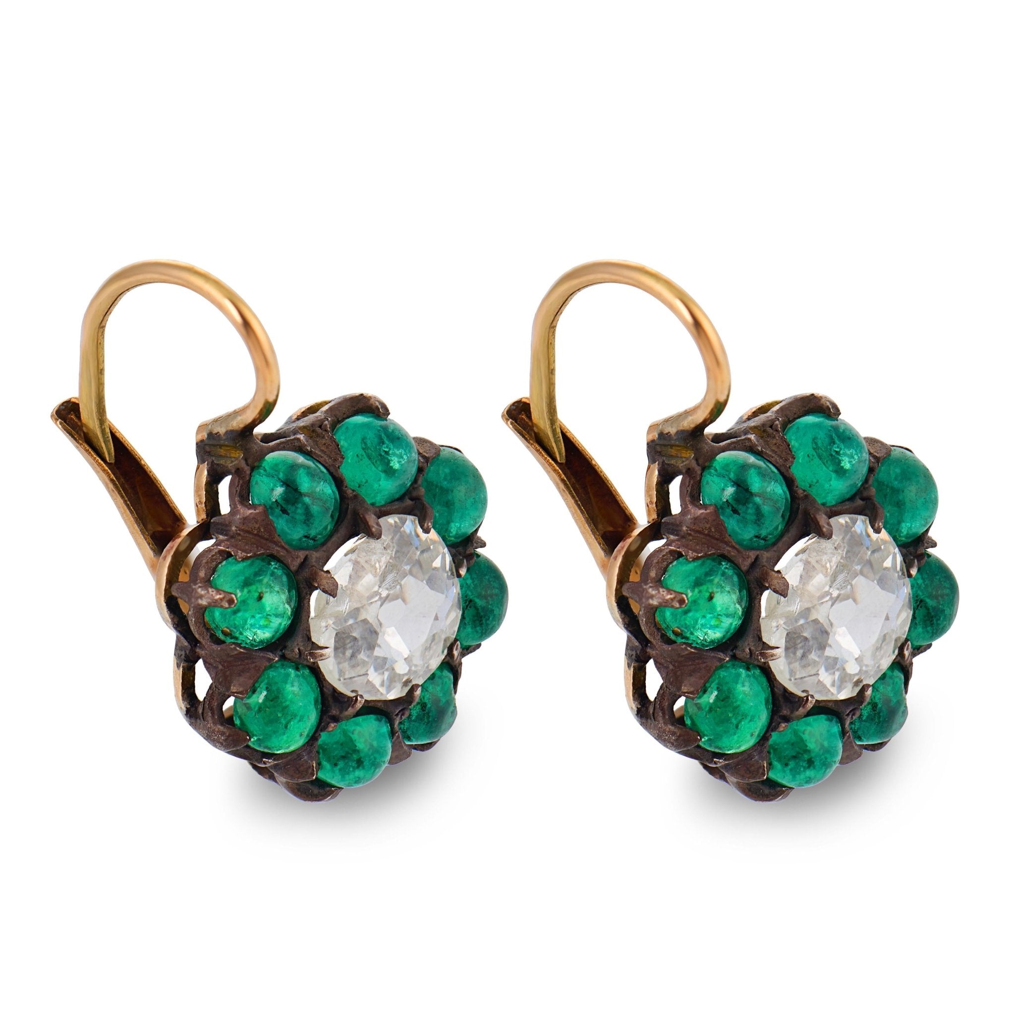 Victorian 1.40 carat diamond cabochon emerald gold and silver cluster earrings