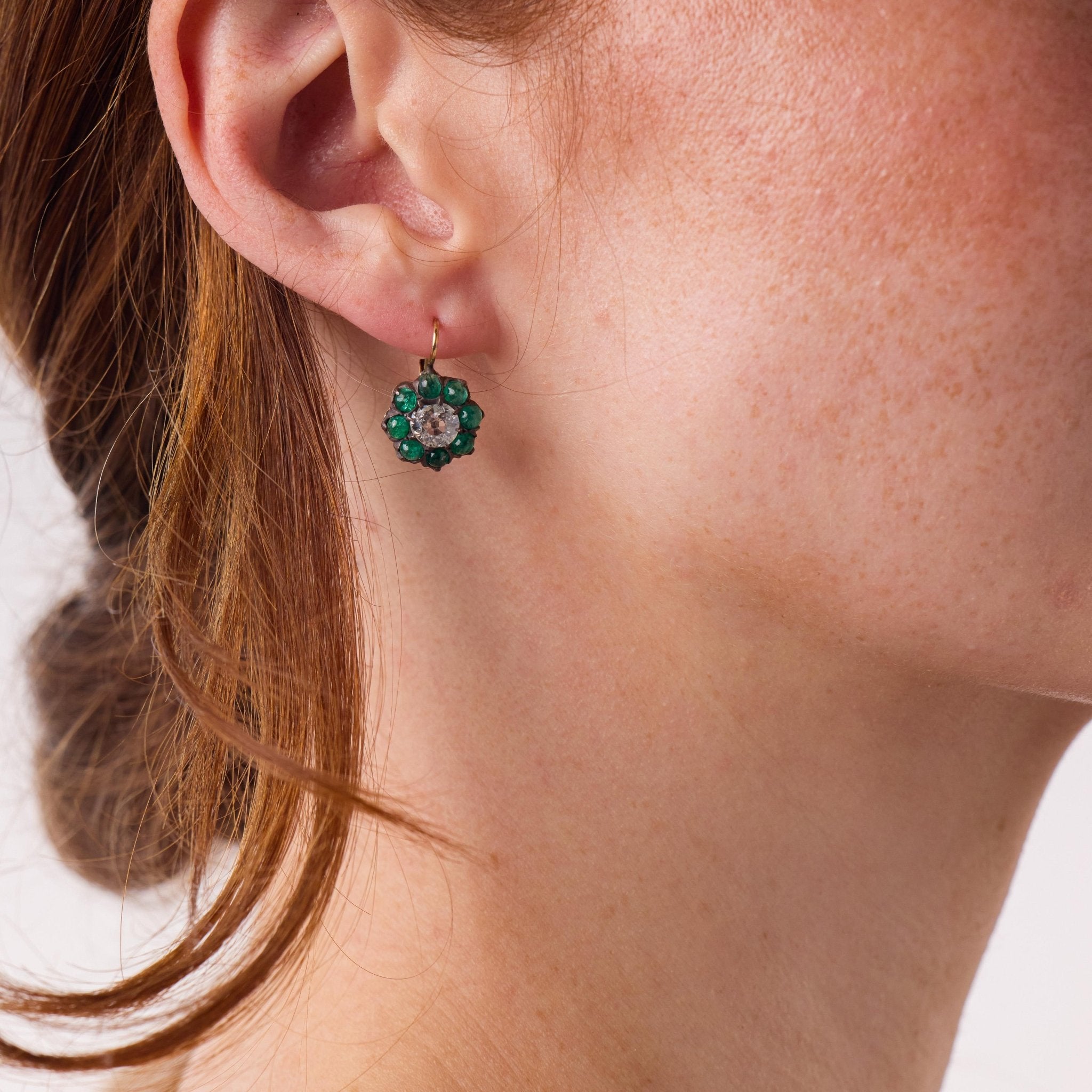 Victorian 1.40 carat diamond cabochon emerald gold and silver cluster earrings