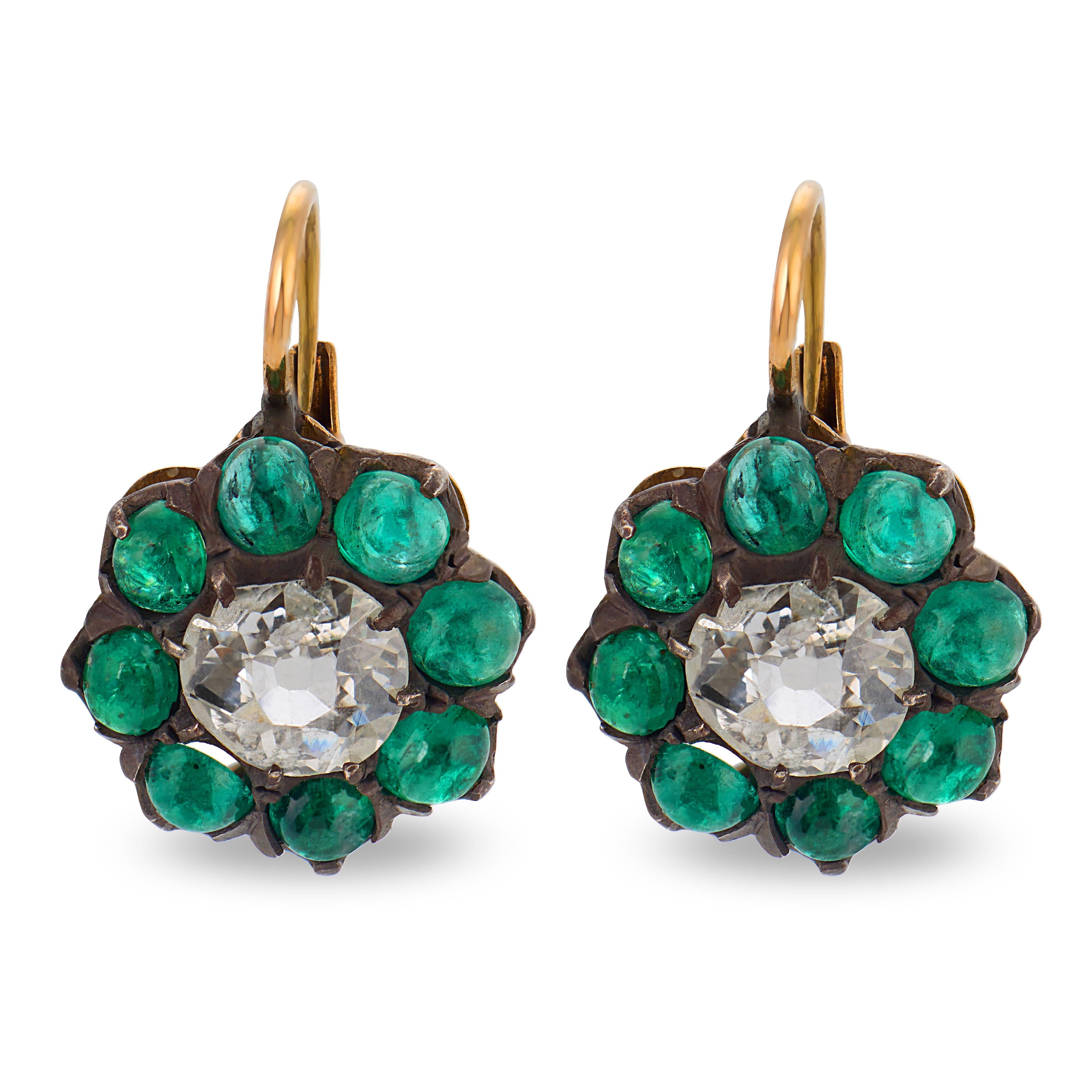 Victorian 1.40 carat diamond cabochon emerald gold and silver cluster earrings