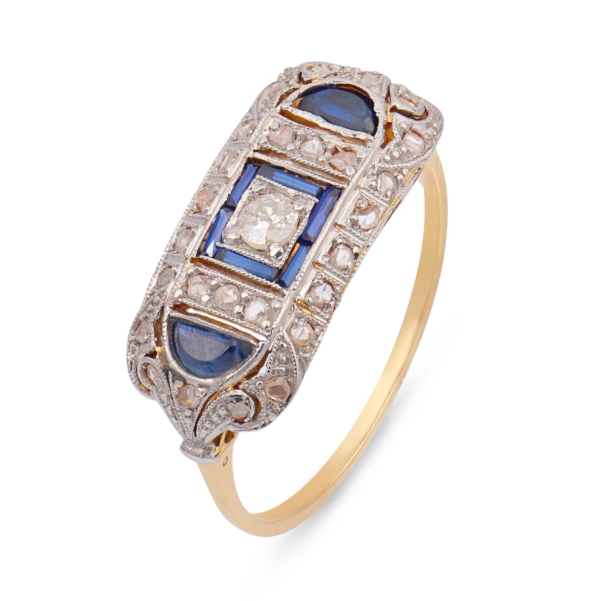 Edwardian old mine cut diamond sapphire 18k yellow gold ring