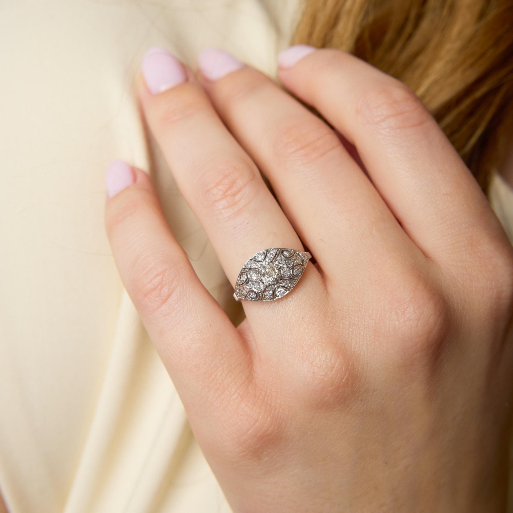 Art Deco inspired diamond filigree platinum ring